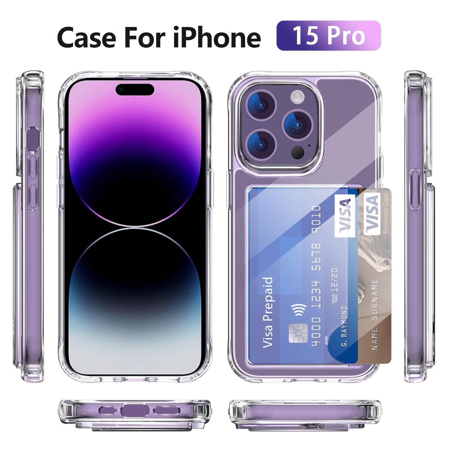 iPhone 15 Pro Hybridcover med indbygget kortholder, Gennemsigtig