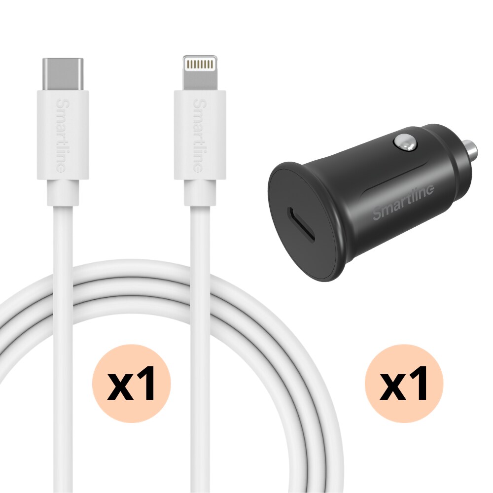 Biloplader USB-C til Lightning - 1m kabel & oplader - Smartline