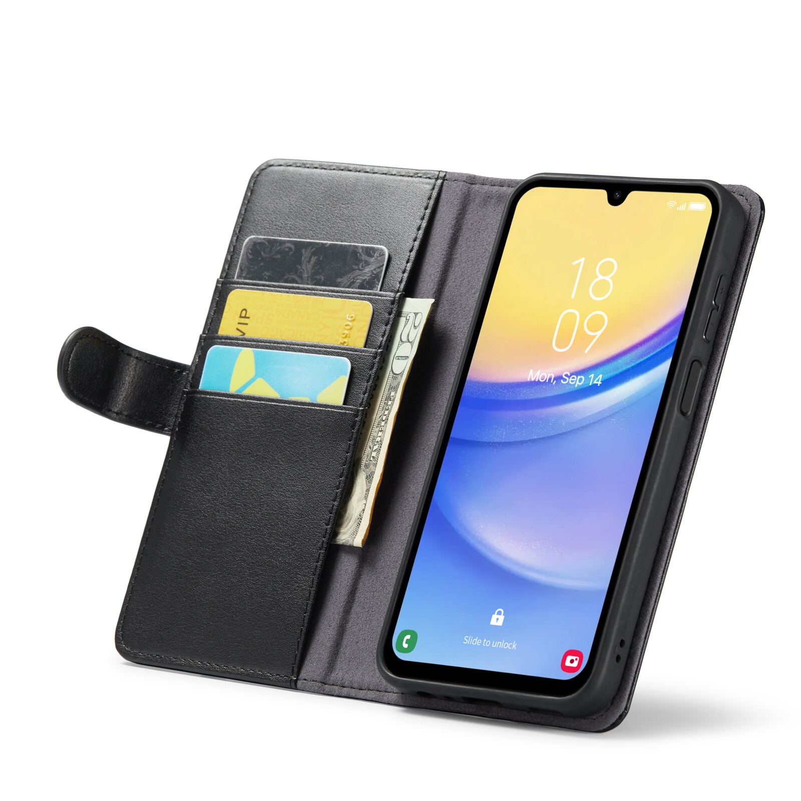 Samsung Galaxy A15 Pungetui i ægte læder, Sort