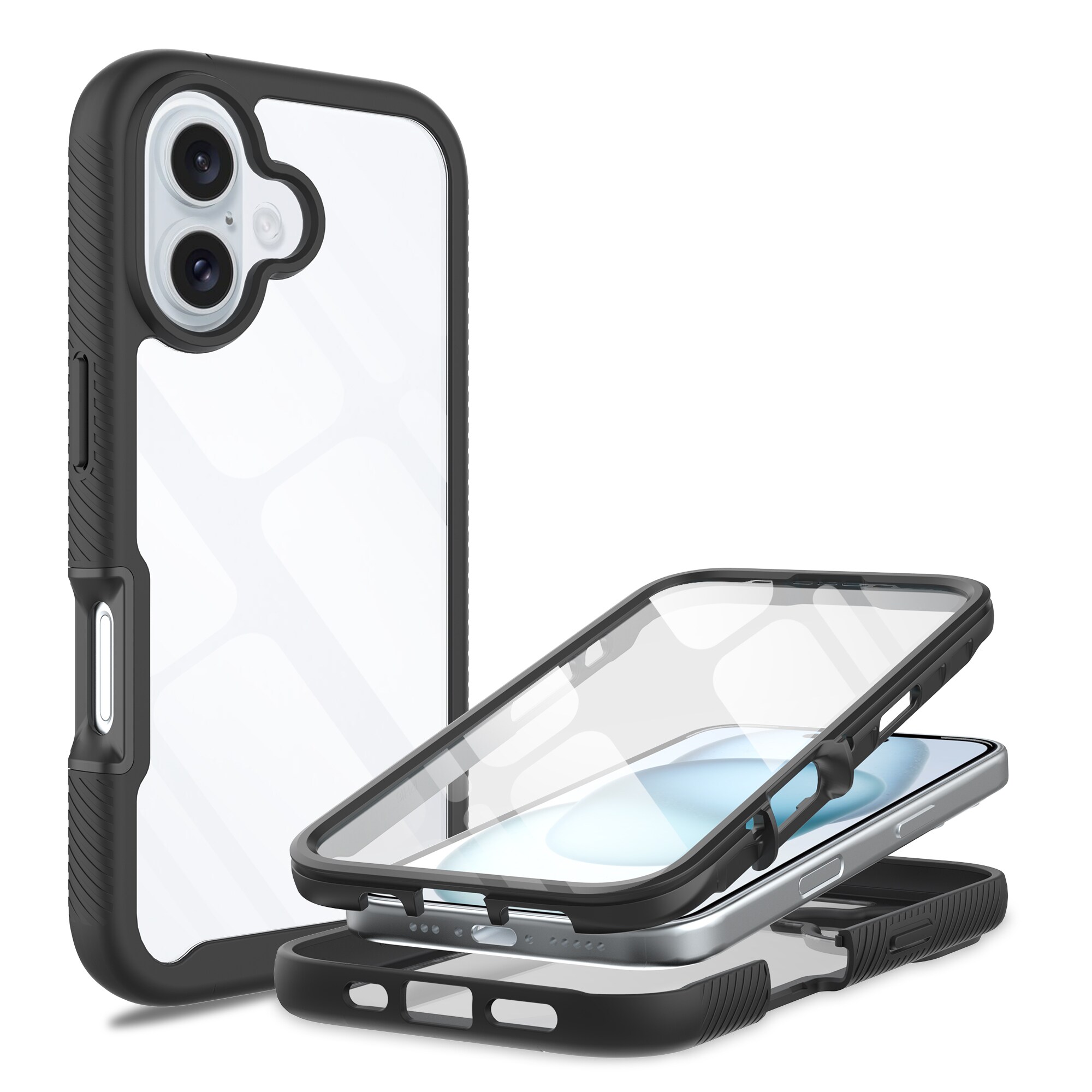 iPhone 16 Plus Mobilcover Full Protection, Sort/gennemsigtig