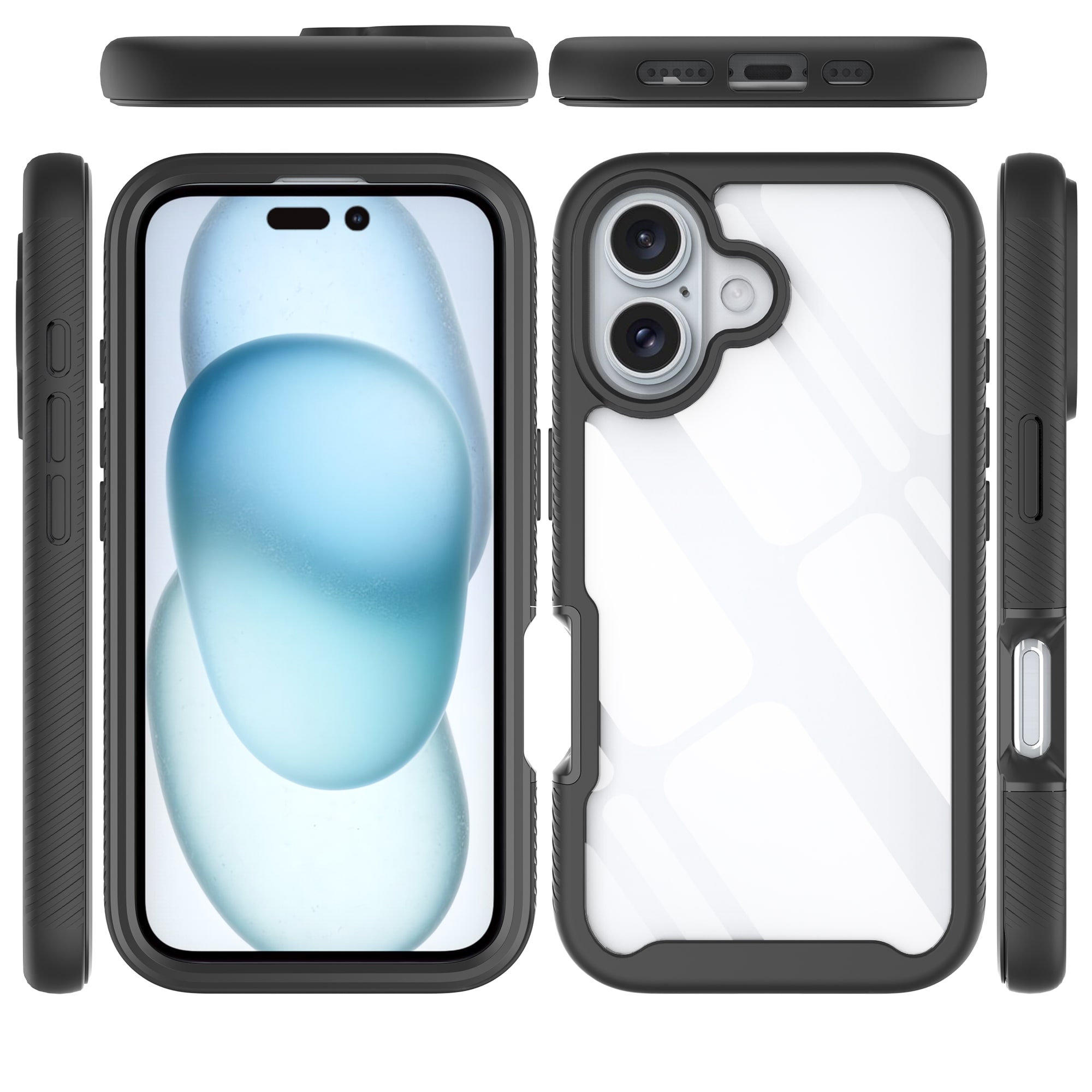 iPhone 16 Plus Mobilcover Full Protection, Sort/gennemsigtig
