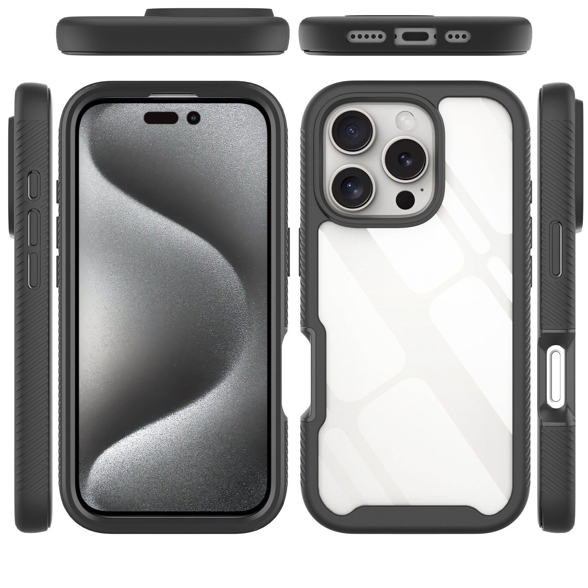 iPhone 16 Pro Max Mobilcover Full Protection, Sort/gennemsigtig