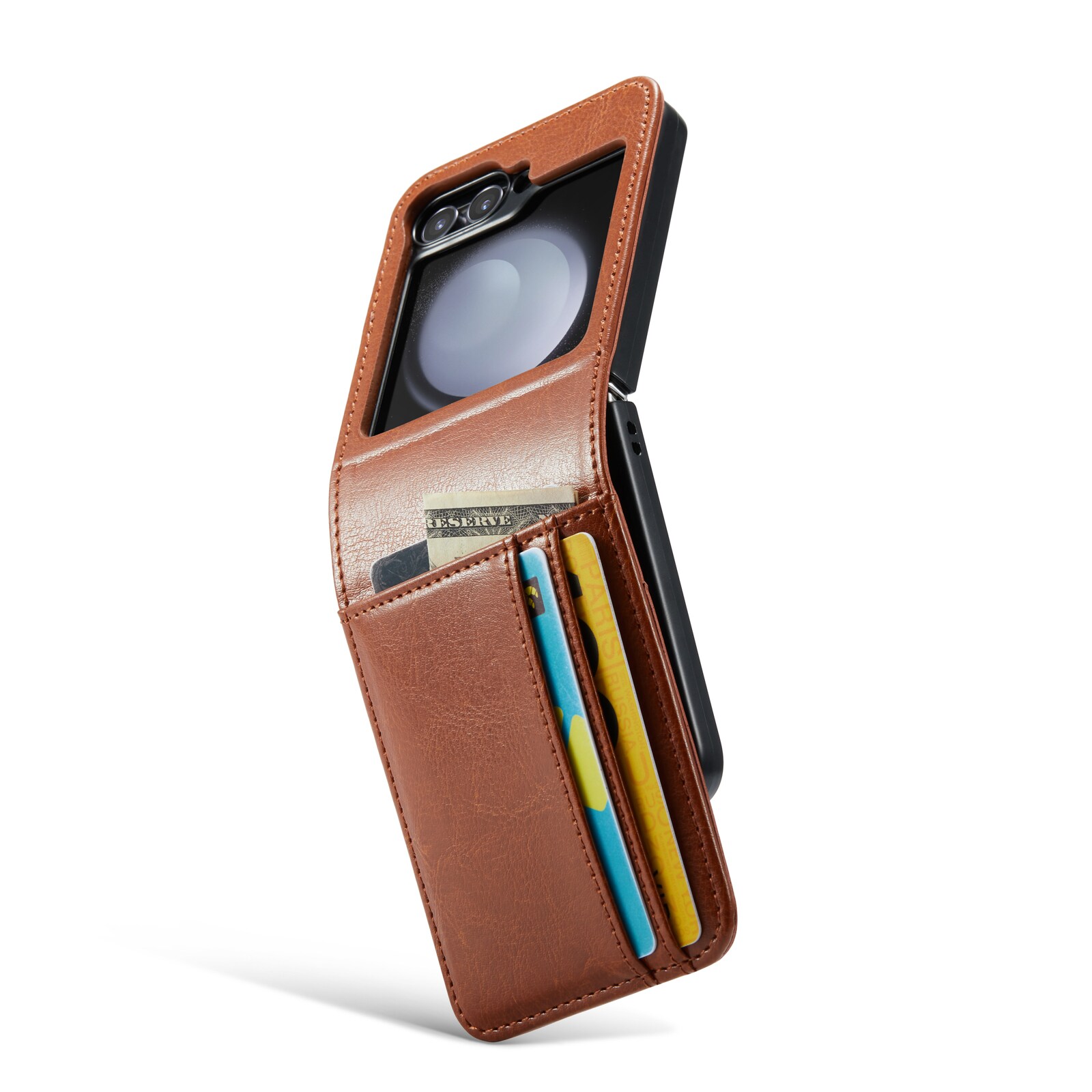 Samsung Galaxy Z Flip 7 FE Pungetui i ægte læder, Cognac