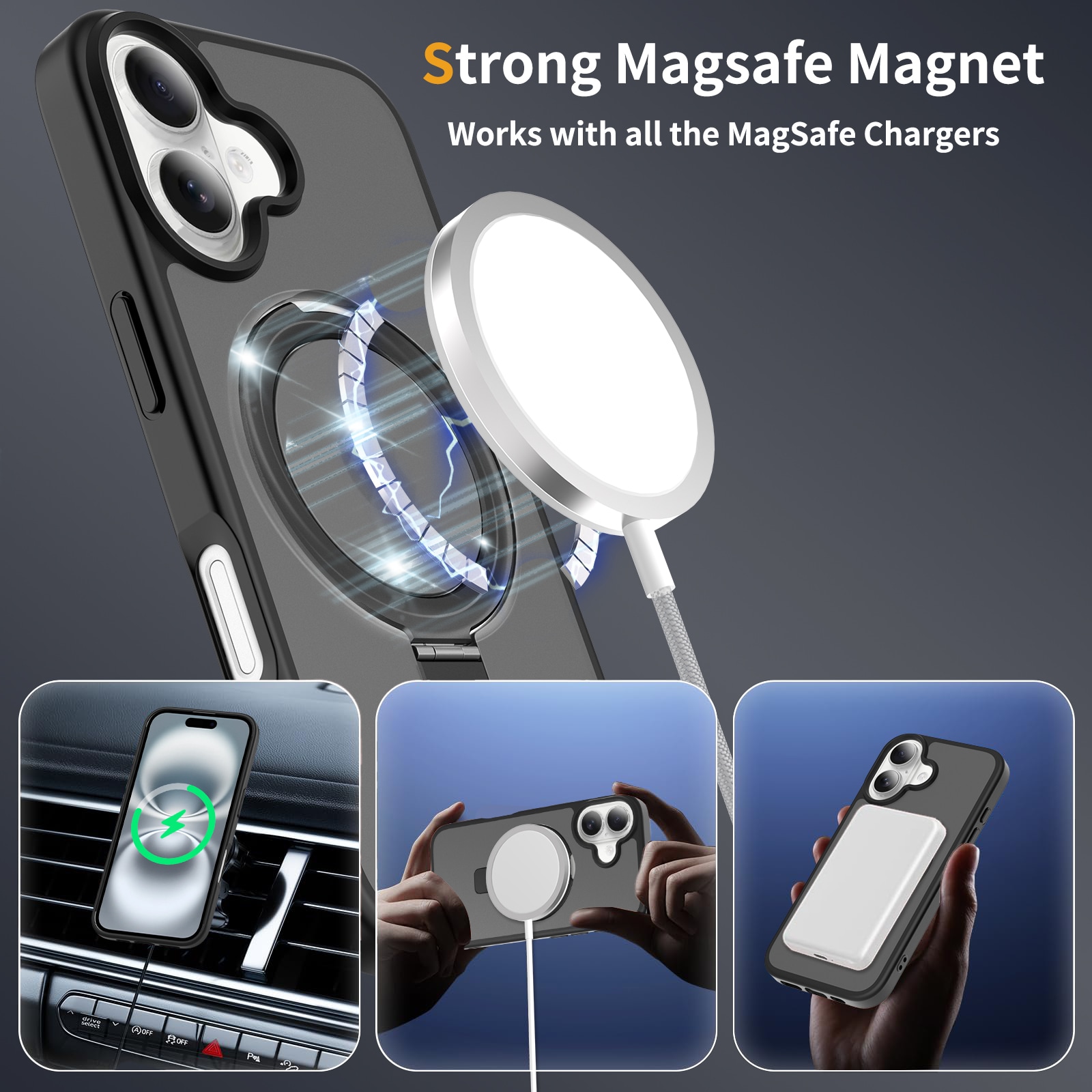 iPhone 16 Magnetic hybridcover med stativfunktion, Sort