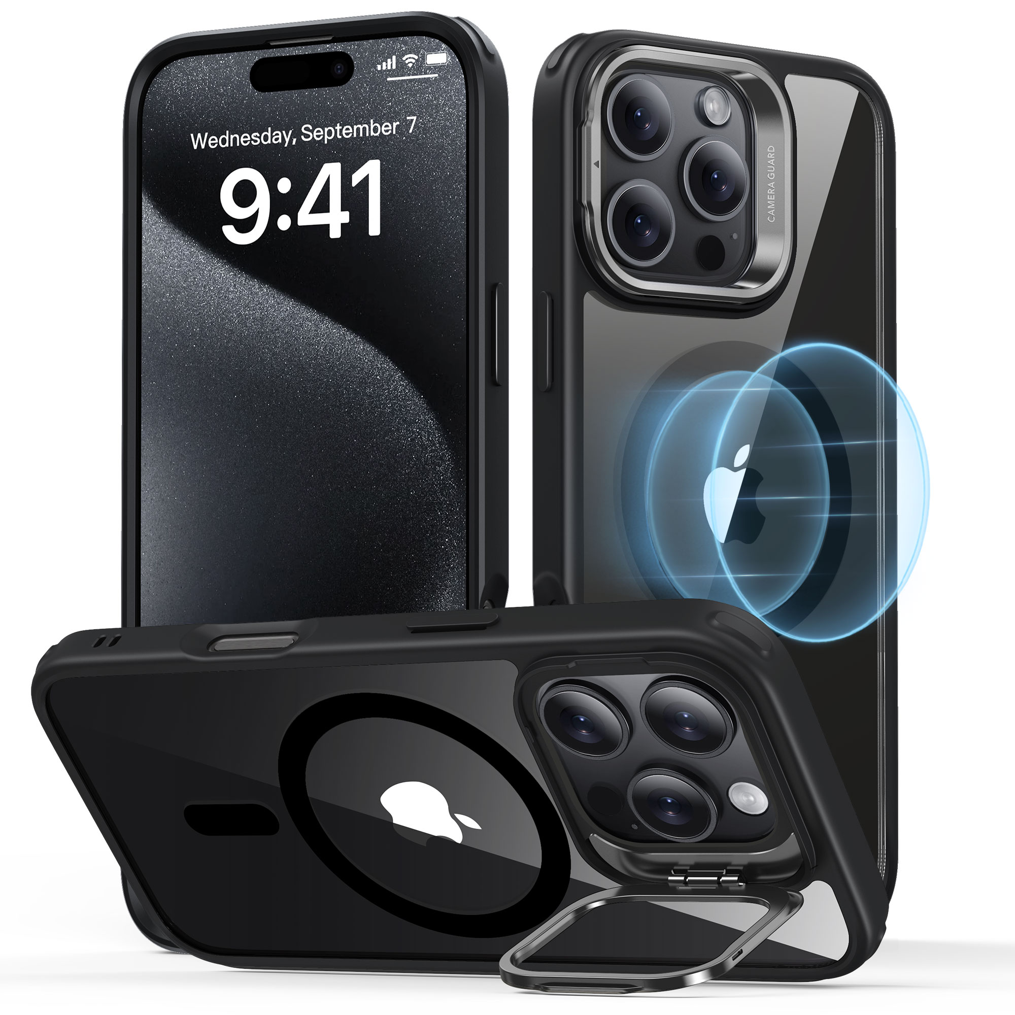 iPhone 16 Pro Classic hybridcover med MagSafe og kickstand, Sort/gennemsigtig