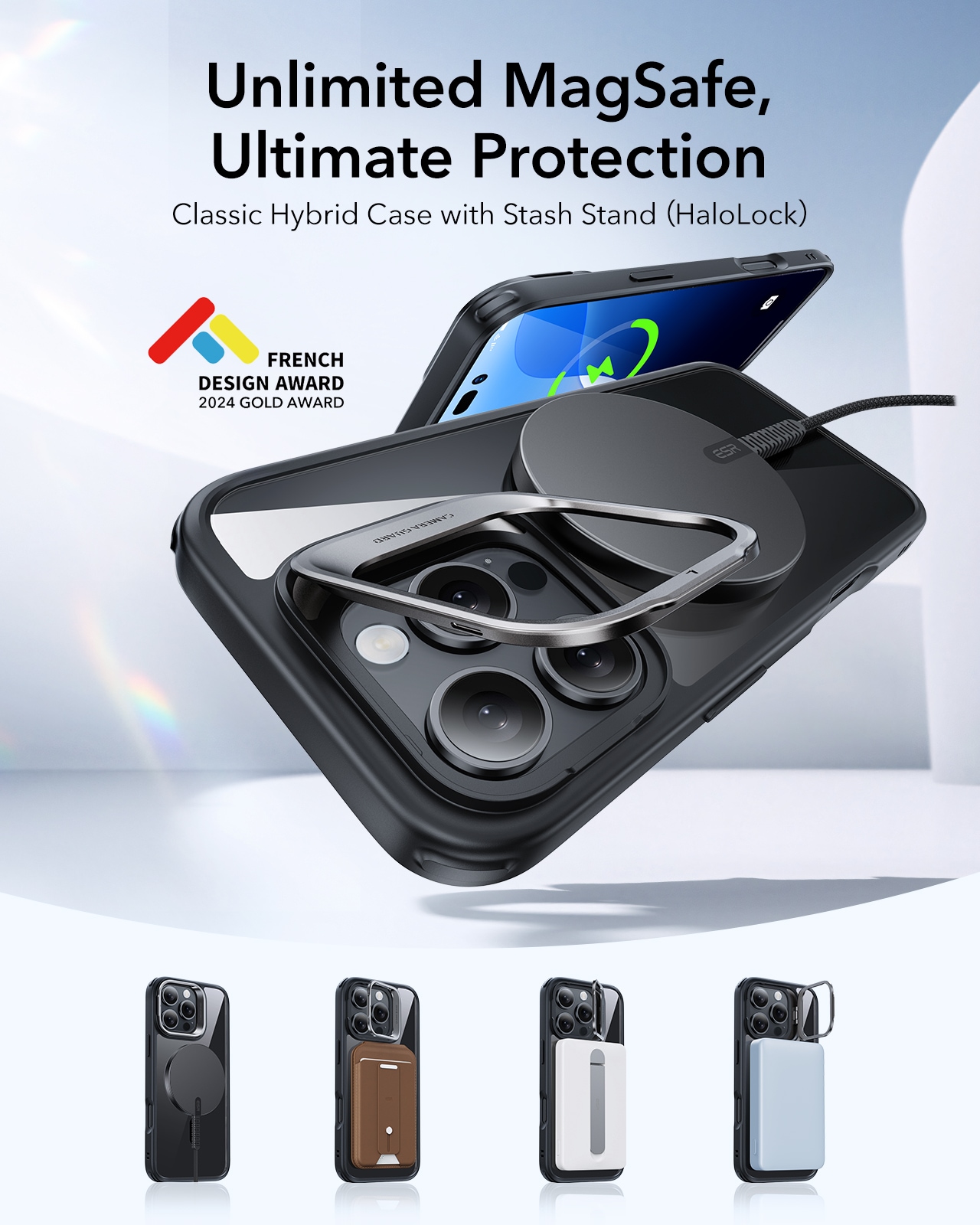 iPhone 16 Pro Max Classic hybridcover med MagSafe og kickstand, Sort/gennemsigtig