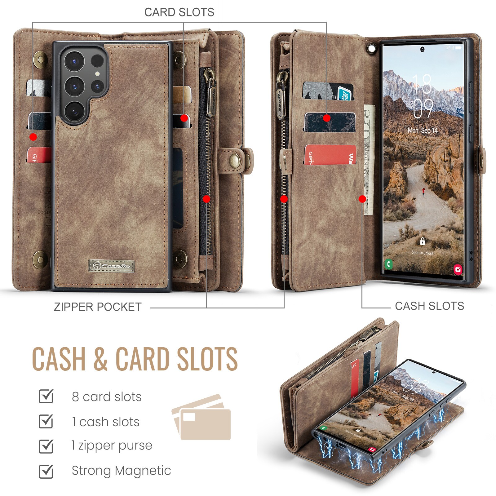 Samsung Galaxy S25 Ultra Rummeligt pungetui med mange kortholdere, Brun