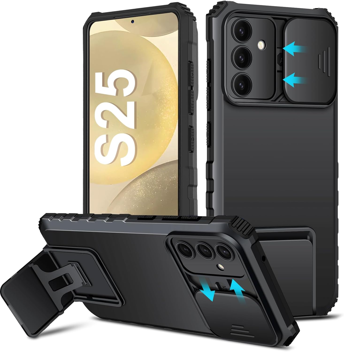 Samsung Galaxy S25 Cover med Kickstand & Kamerabeskyttelse, Sort