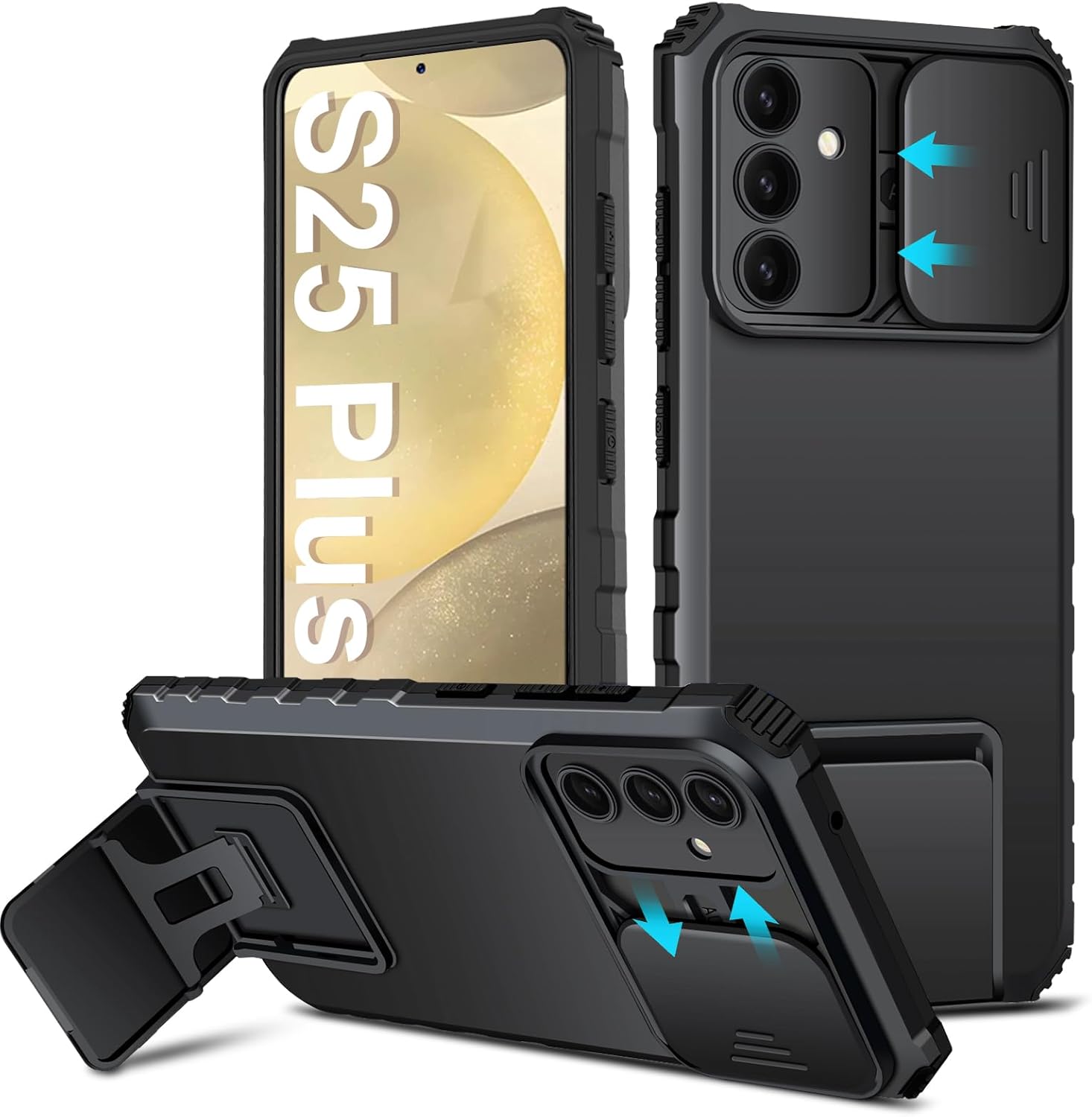 Samsung Galaxy S25 Plus Cover med Kickstand & Kamerabeskyttelse, Sort