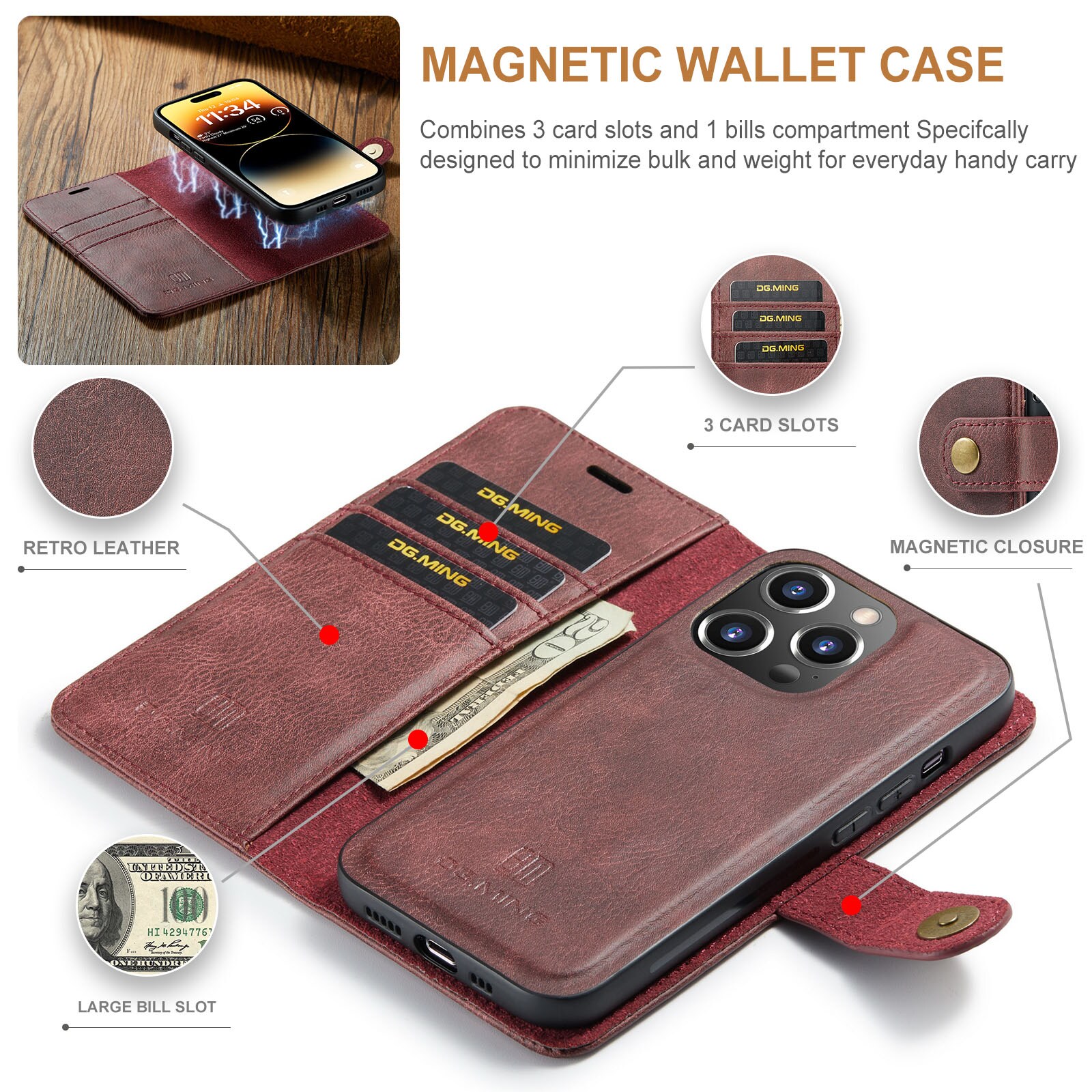 iPhone 14 Pro Pungetui med aftageligt cover, Red