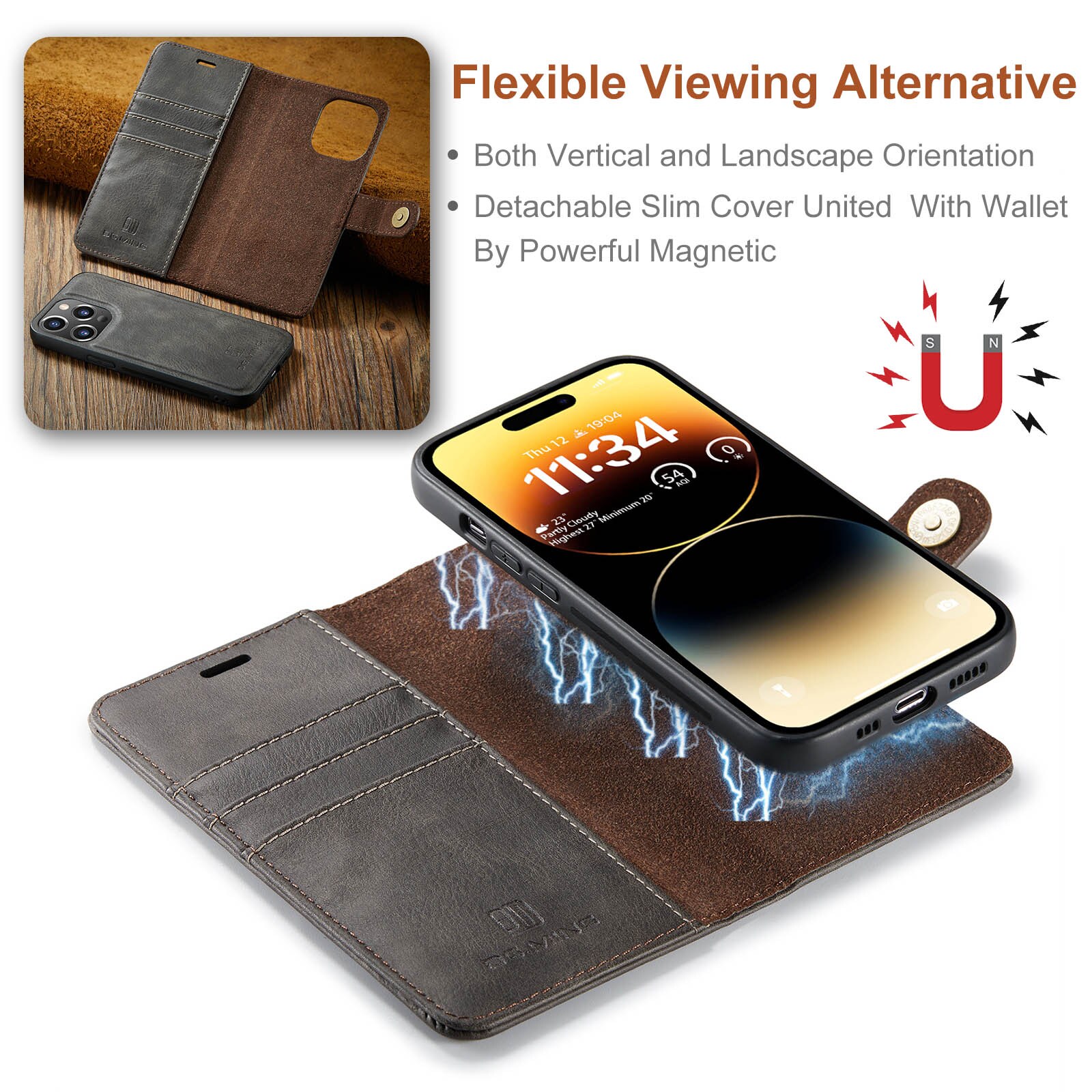 iPhone 15 Pro Max Pungetui med aftageligt cover, Brown
