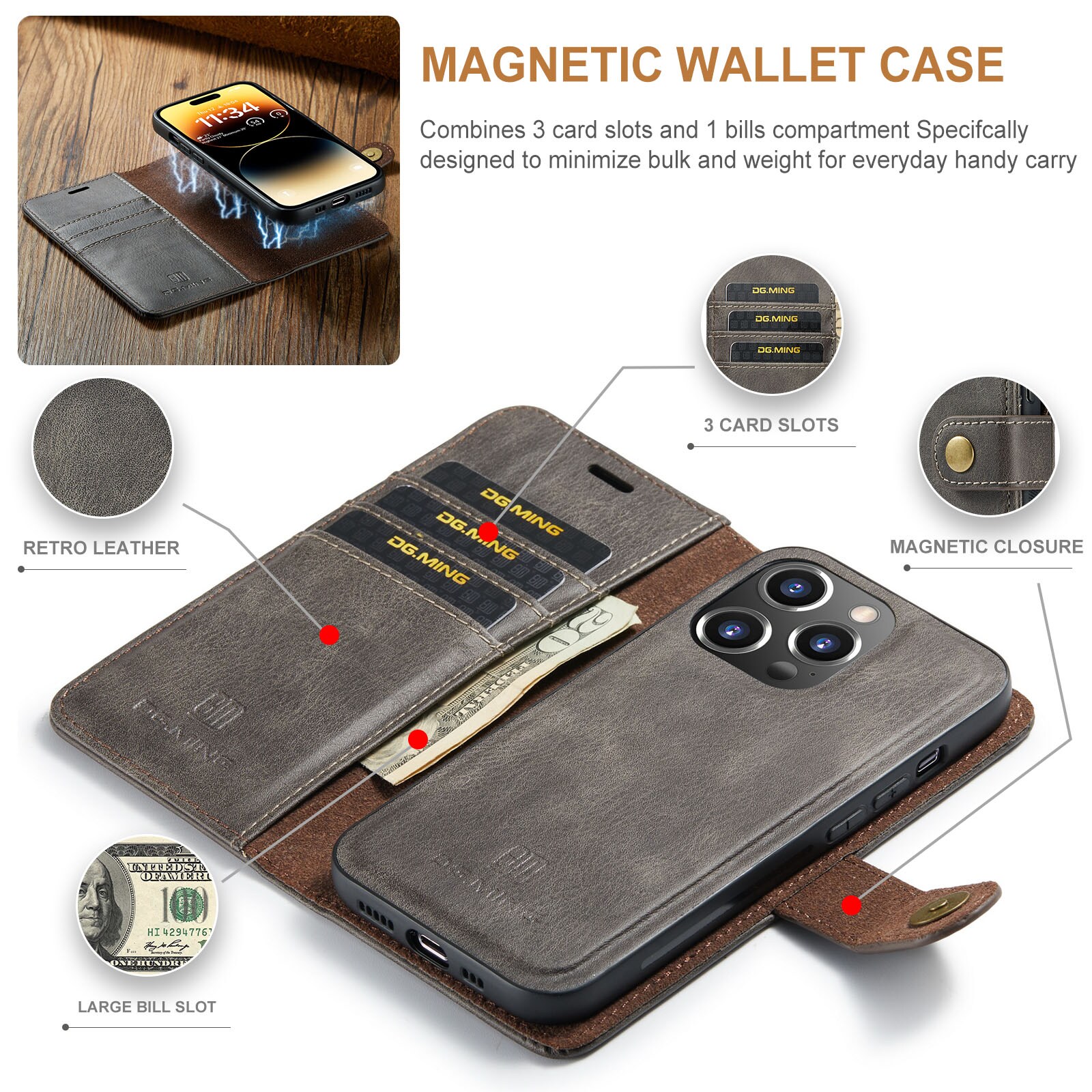 iPhone 15 Pro Max Pungetui med aftageligt cover, Brown