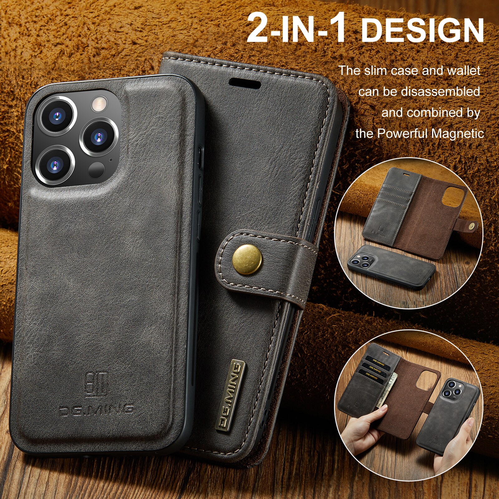 iPhone 15 Pro Max Pungetui med aftageligt cover, Brown