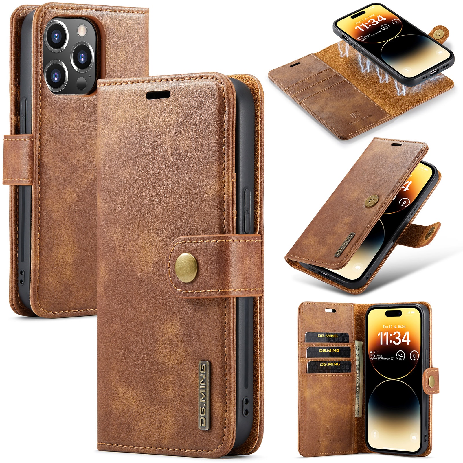 iPhone 14 Pro Max Pungetui med aftageligt cover, Cognac