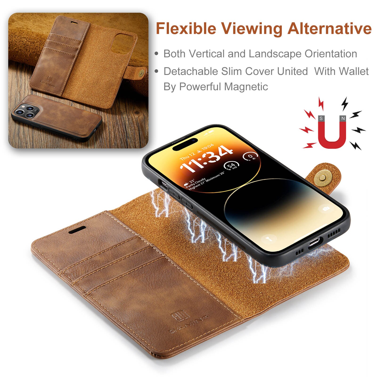 iPhone 14 Pro Max Pungetui med aftageligt cover, Cognac