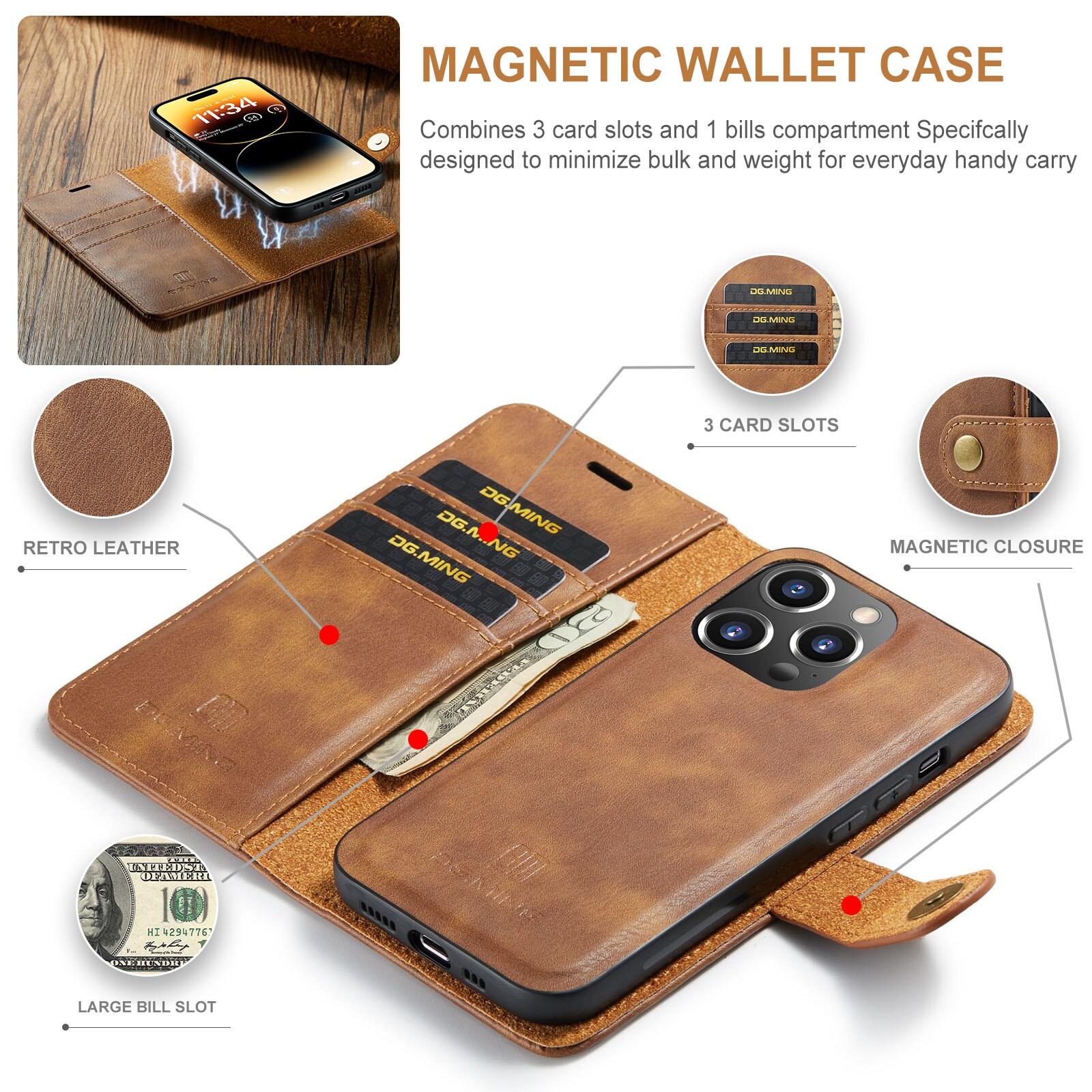 iPhone 14 Pro Max Pungetui med aftageligt cover, Cognac