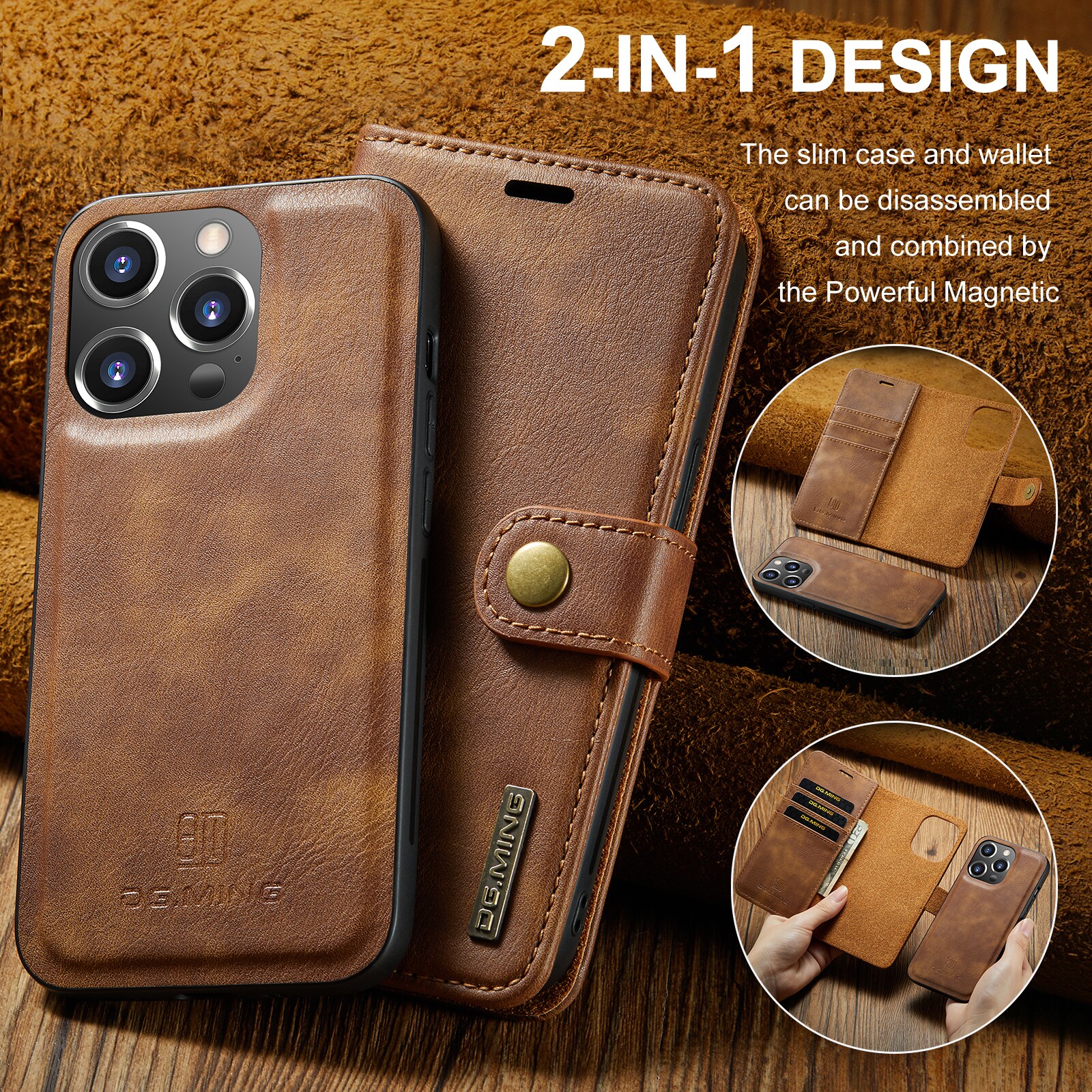iPhone 14 Pro Max Pungetui med aftageligt cover, Cognac