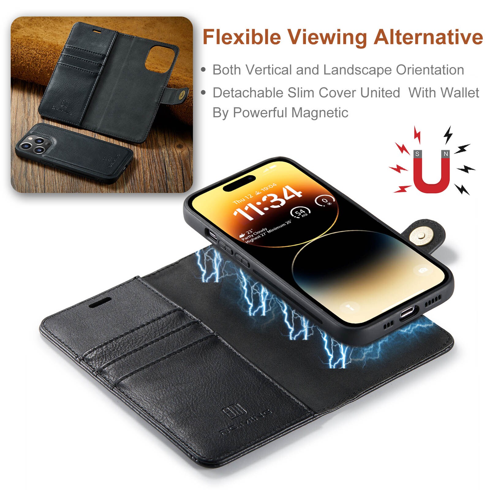 iPhone 14 Pro Max Pungetui med aftageligt cover, Black
