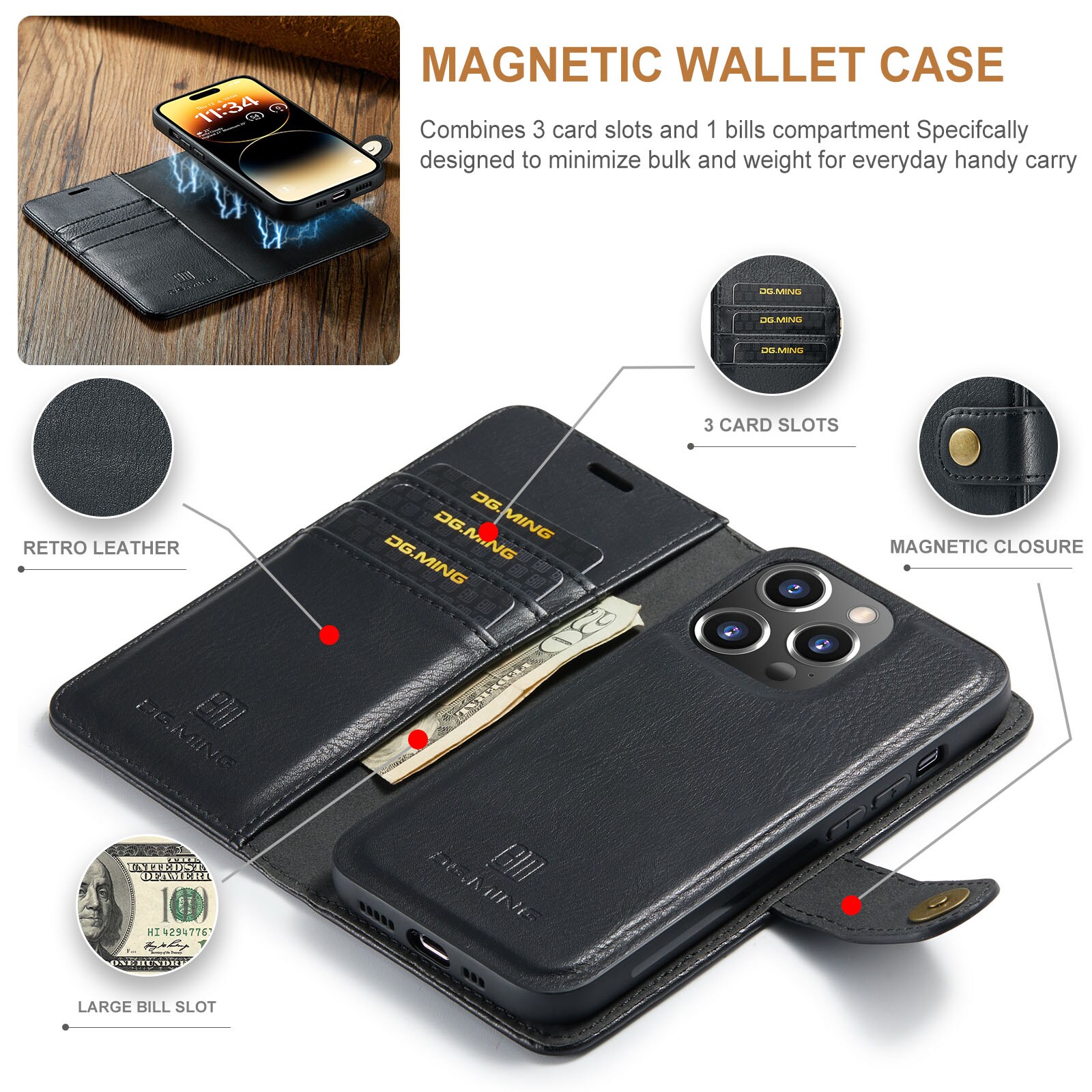 iPhone 14 Pro Max Pungetui med aftageligt cover, Black