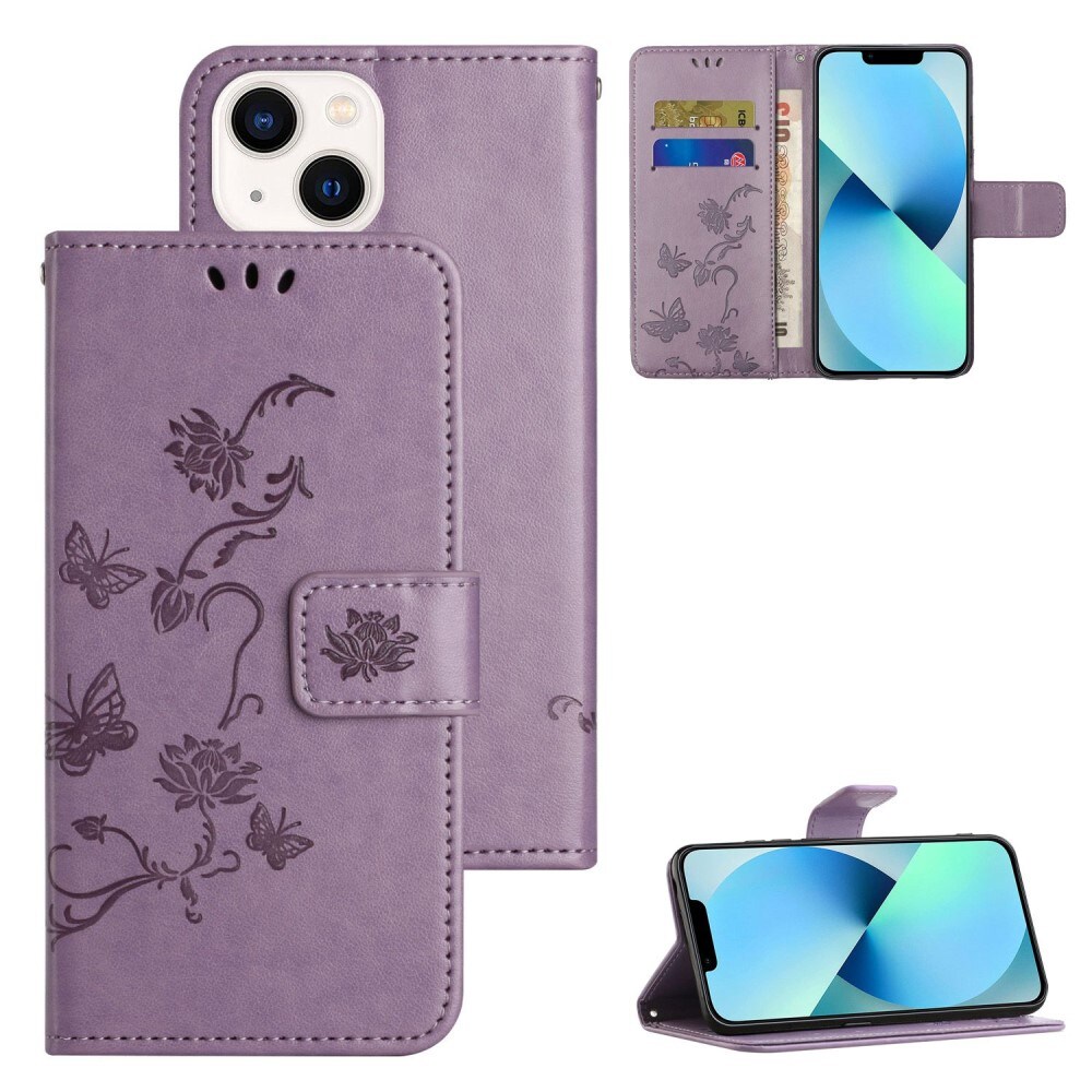 iPhone 14 Mobiletui med sommerfugle, Lilla