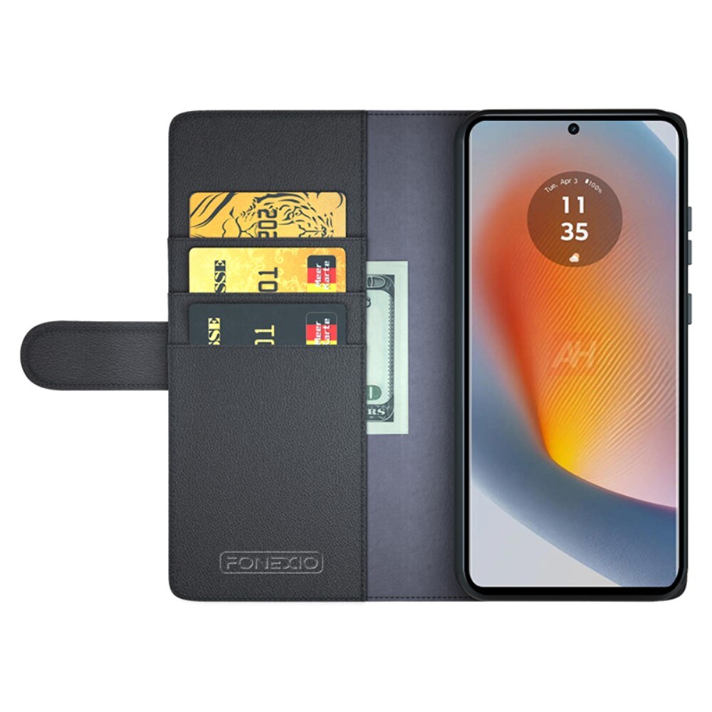 Motorola Edge 50 Fusion Slankt mobiletui i ægte læder, Sort