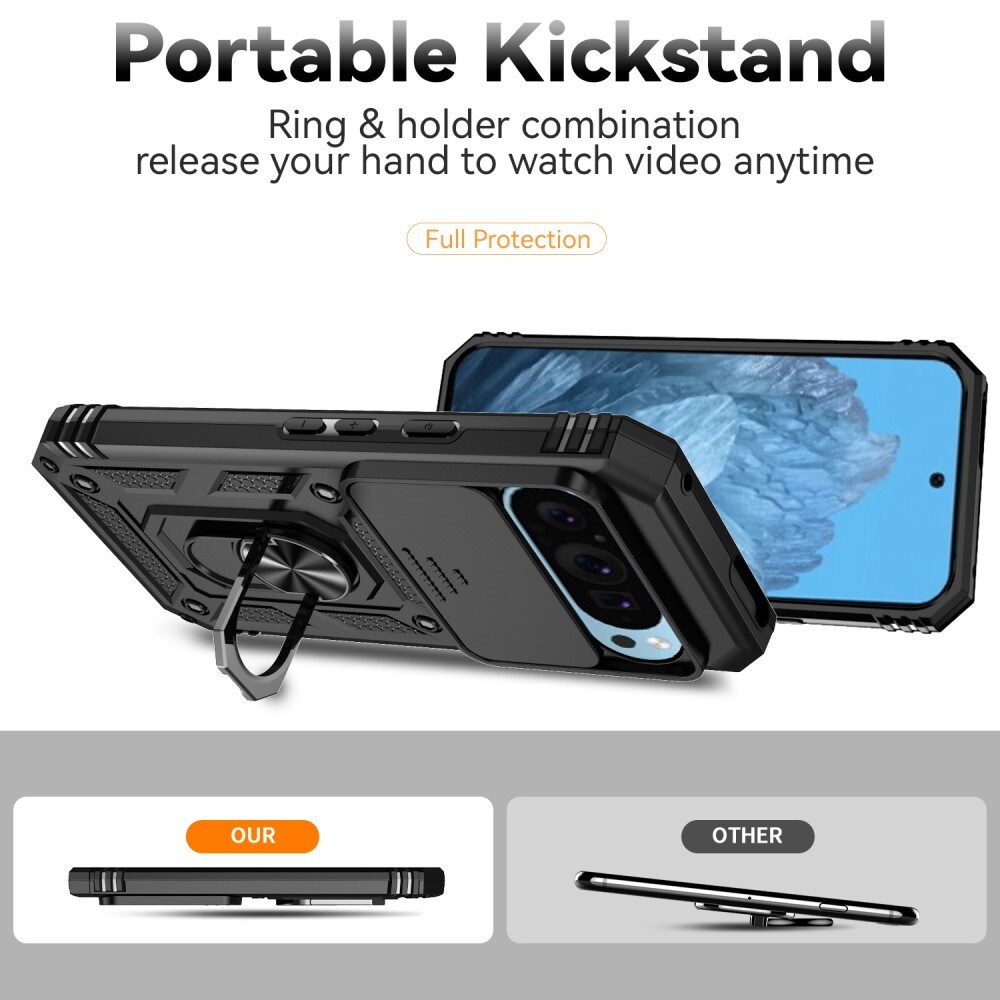Google Pixel 9 Pro Cover med kamerabeskyttelse & fingerring, Sort