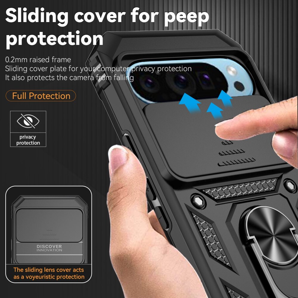 Google Pixel 9 Pro Cover med kamerabeskyttelse & fingerring, Sort