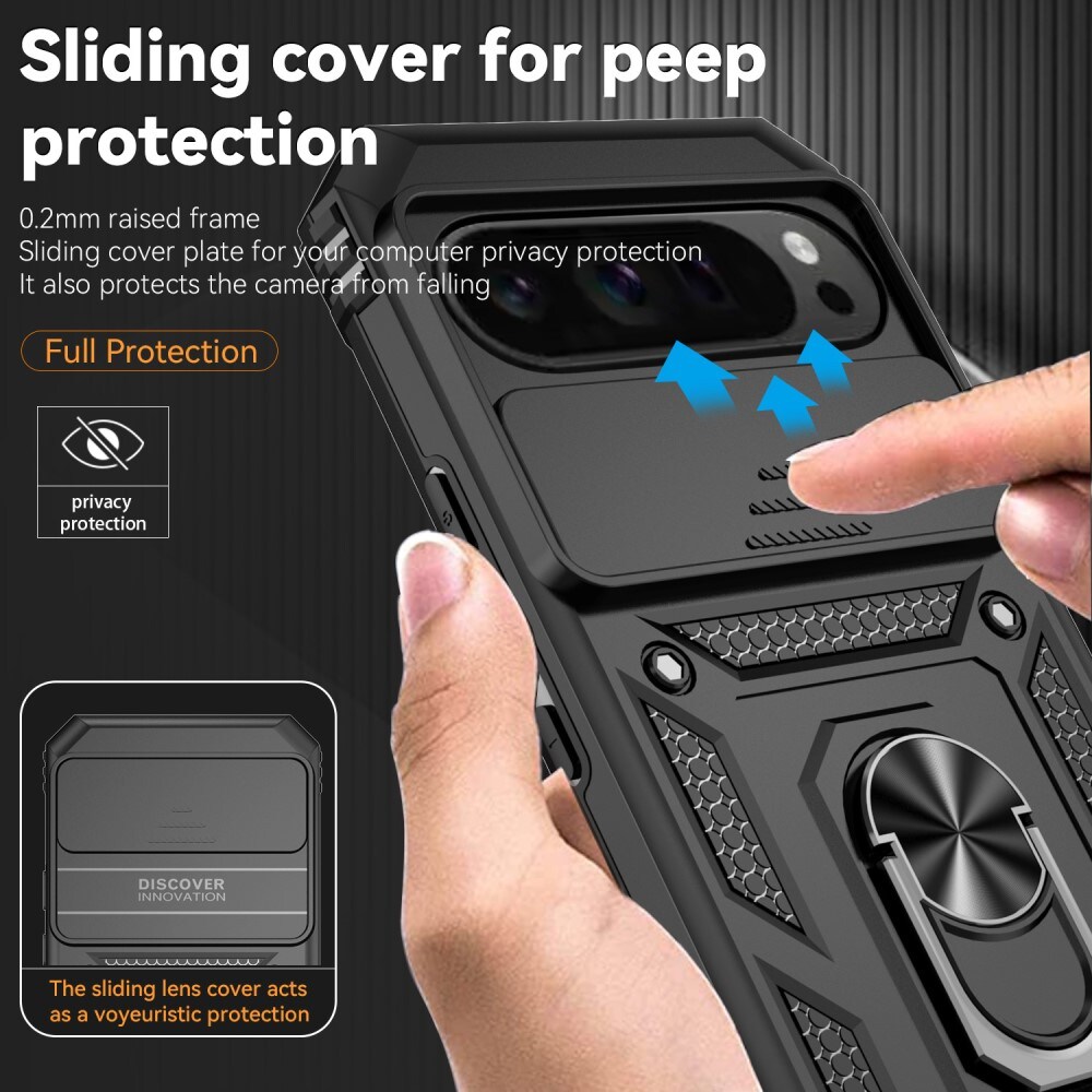 Google Pixel 9 Pro XL Cover med kamerabeskyttelse & fingerring, Sort