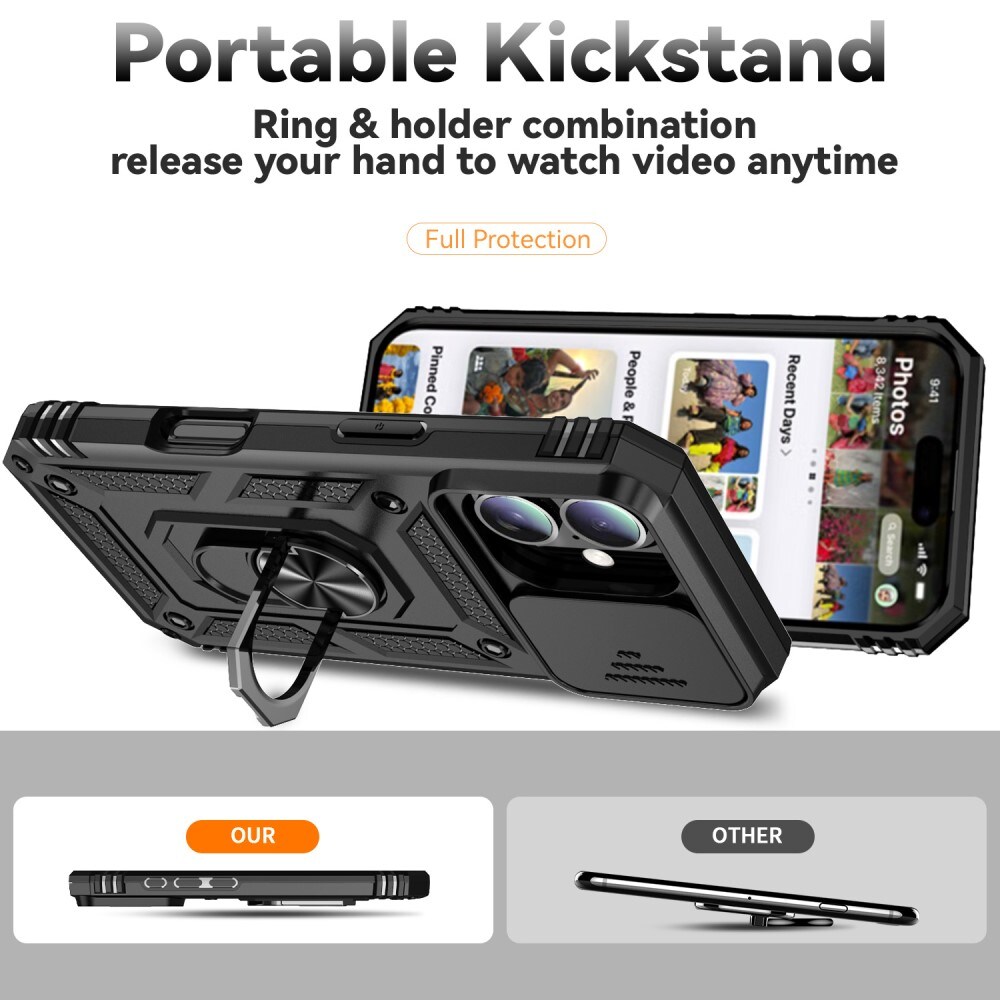 iPhone 16 Plus Cover med kamerabeskyttelse & fingerring, Sort