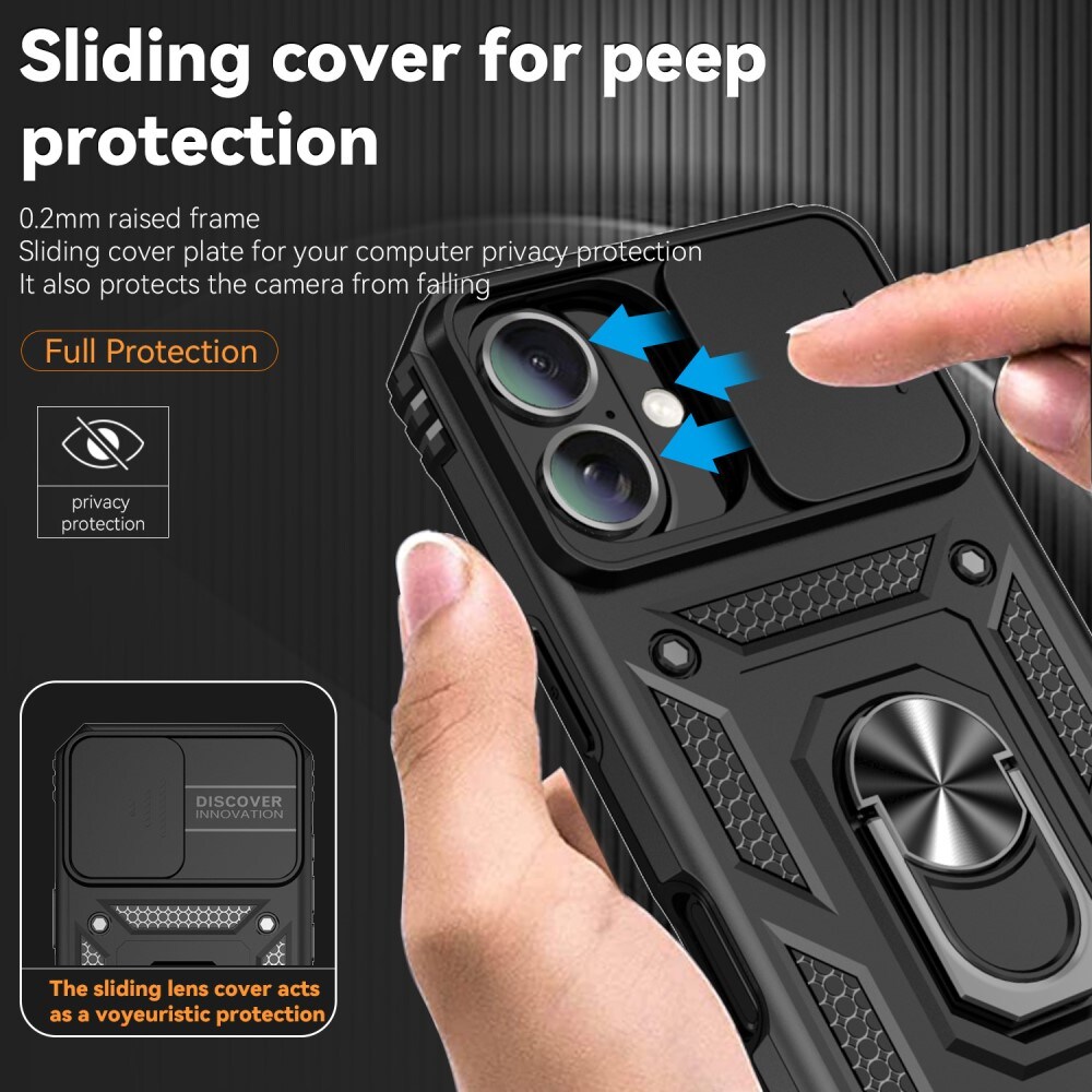 iPhone 16 Plus Cover med kamerabeskyttelse & fingerring, Sort