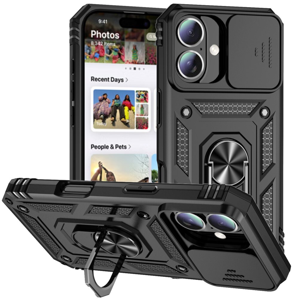 iPhone 16e Cover med kamerabeskyttelse & fingerring, Sort