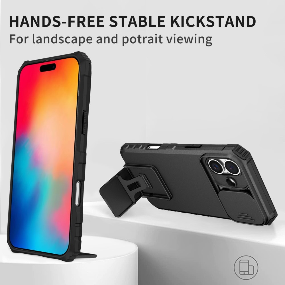 iPhone 16 Cover med Kickstand & Kamerabeskyttelse, Sort