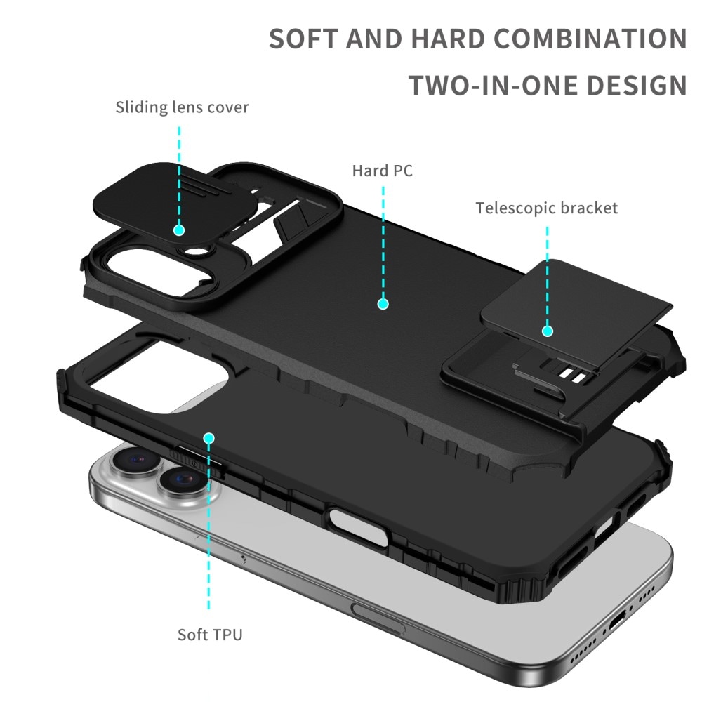 iPhone 16 Cover med Kickstand & Kamerabeskyttelse, Sort