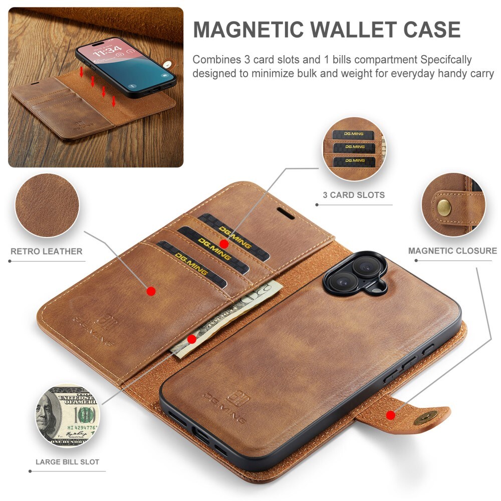 iPhone 16 Plus Pungetui med aftageligt cover, Cognac