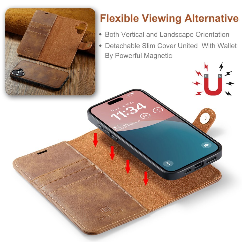 iPhone 16 Pungetui med aftageligt cover, Cognac