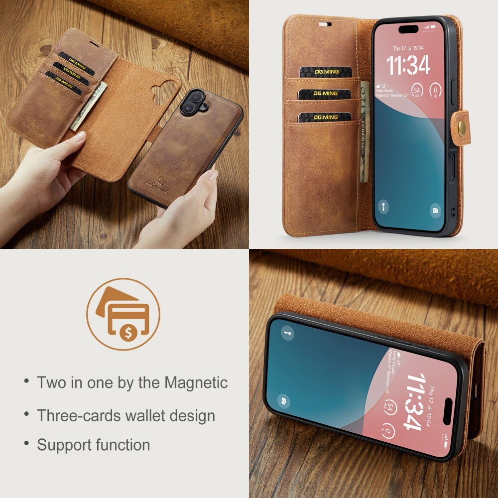 iPhone 16 Pungetui med aftageligt cover, Cognac