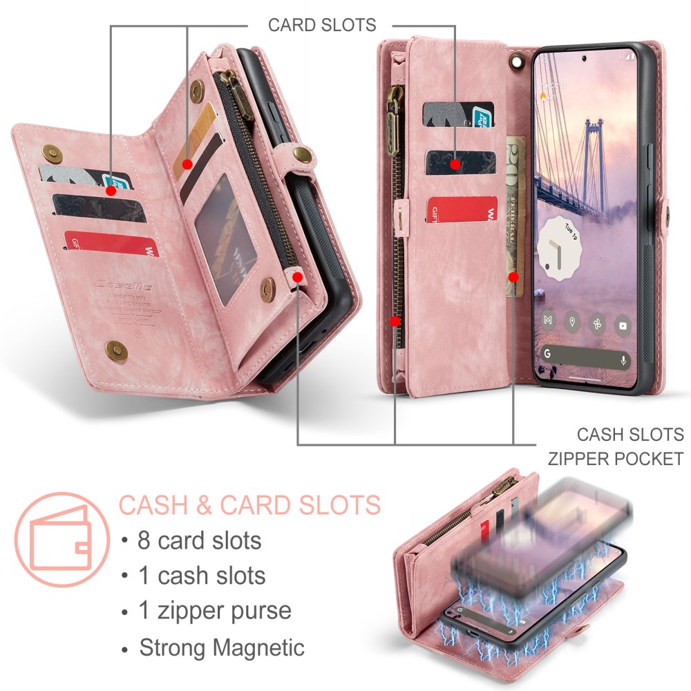 Google Pixel 9 Pro XL Rummeligt pungetui med mange kortholdere, Lyserød