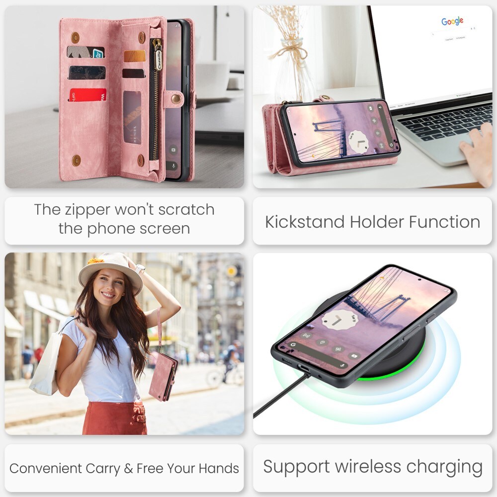 Google Pixel 9 Pro XL Rummeligt pungetui med mange kortholdere, Lyserød