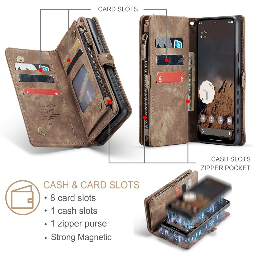 Google Pixel 9 Rummeligt pungetui med mange kortholdere, Brun