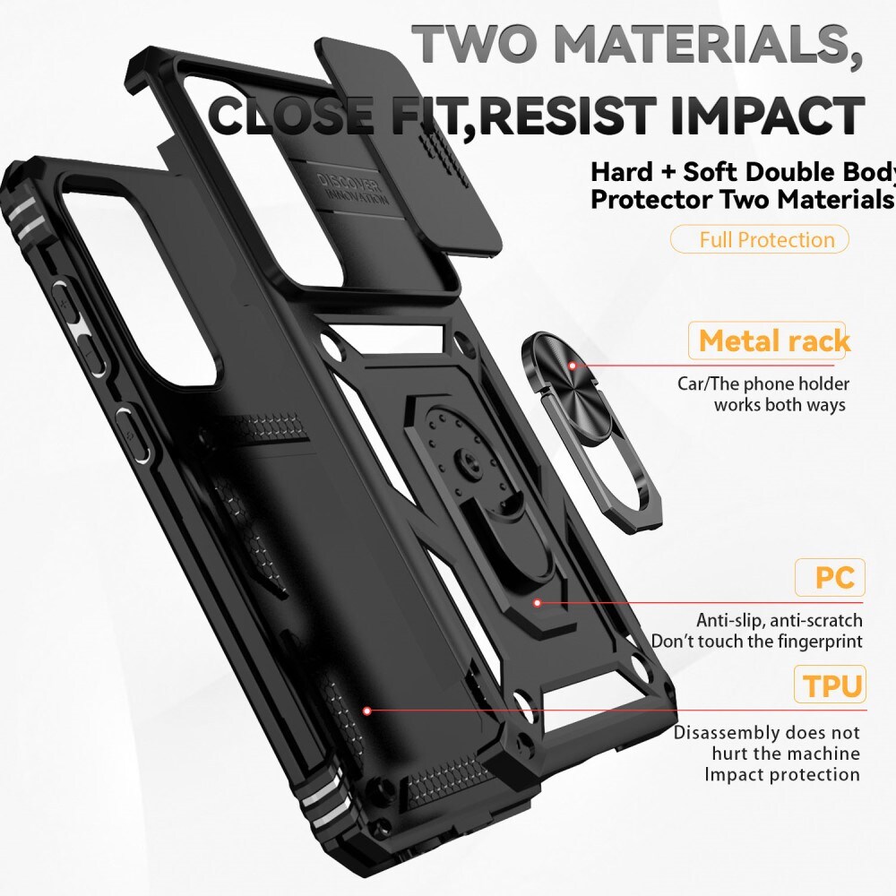 Samsung Galaxy S24 FE Cover med kamerabeskyttelse & fingerring, Sort
