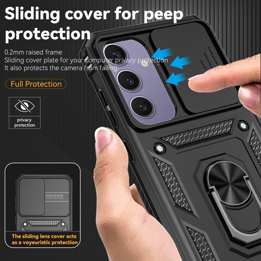 Samsung Galaxy S24 FE Cover med kamerabeskyttelse & fingerring, Sort