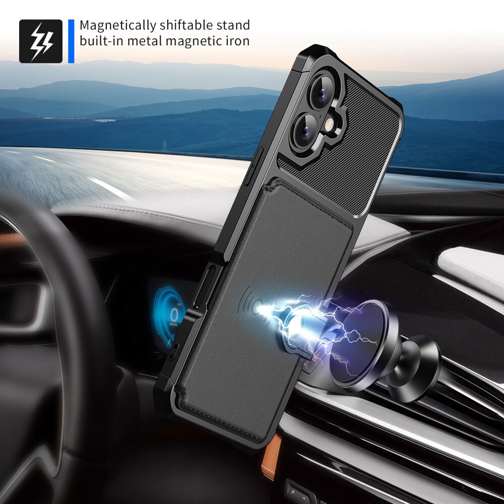 iPhone 16 Plus Stødsikkert mobilcover med pung, Sort