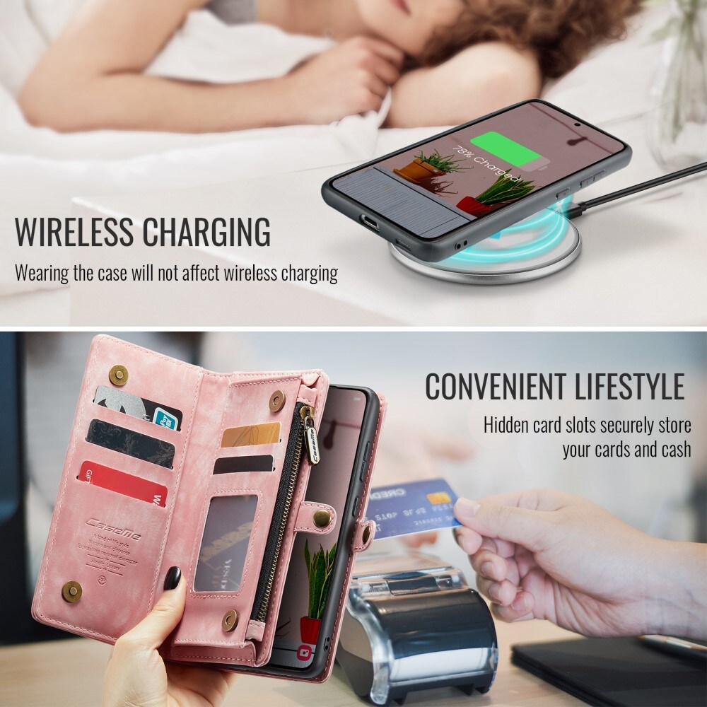 Samsung Galaxy S24 FE Rummeligt pungetui med mange kortholdere, Lyserød