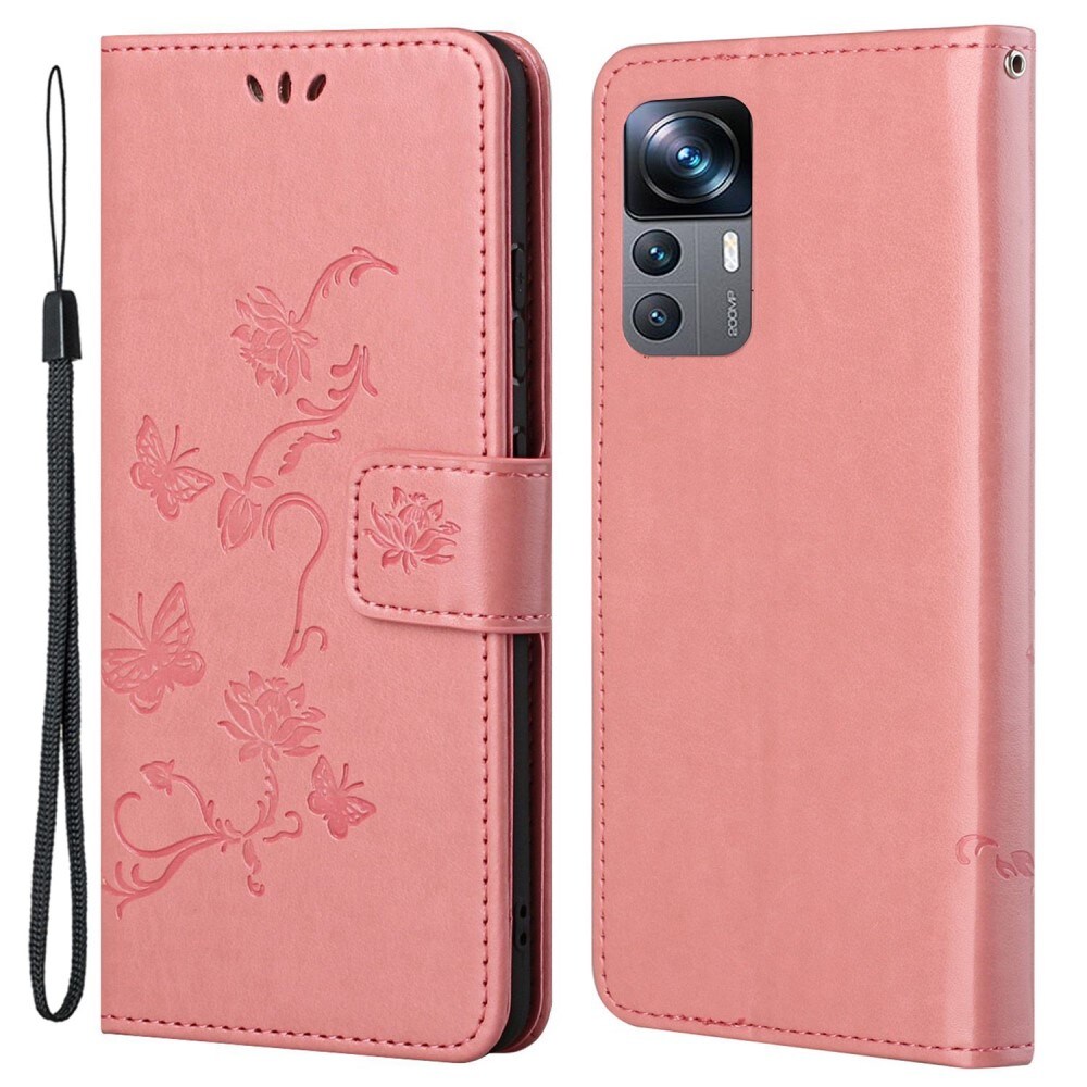 Xiaomi 12T/12T Pro Mobiletui med sommerfugle, Lyserød