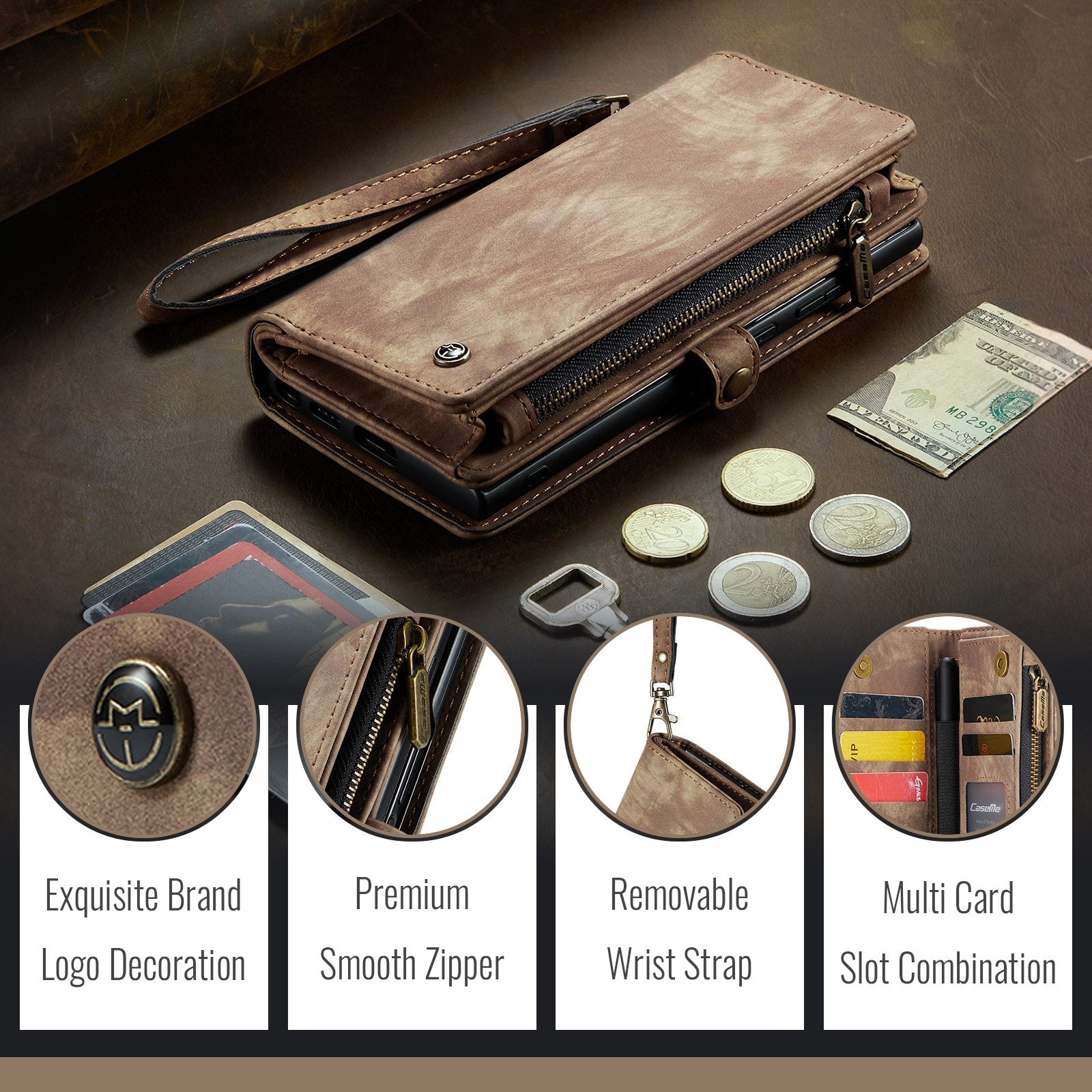 Samsung Galaxy Z Fold 7 Rummeligt pungetui med mange kortholdere, Brun