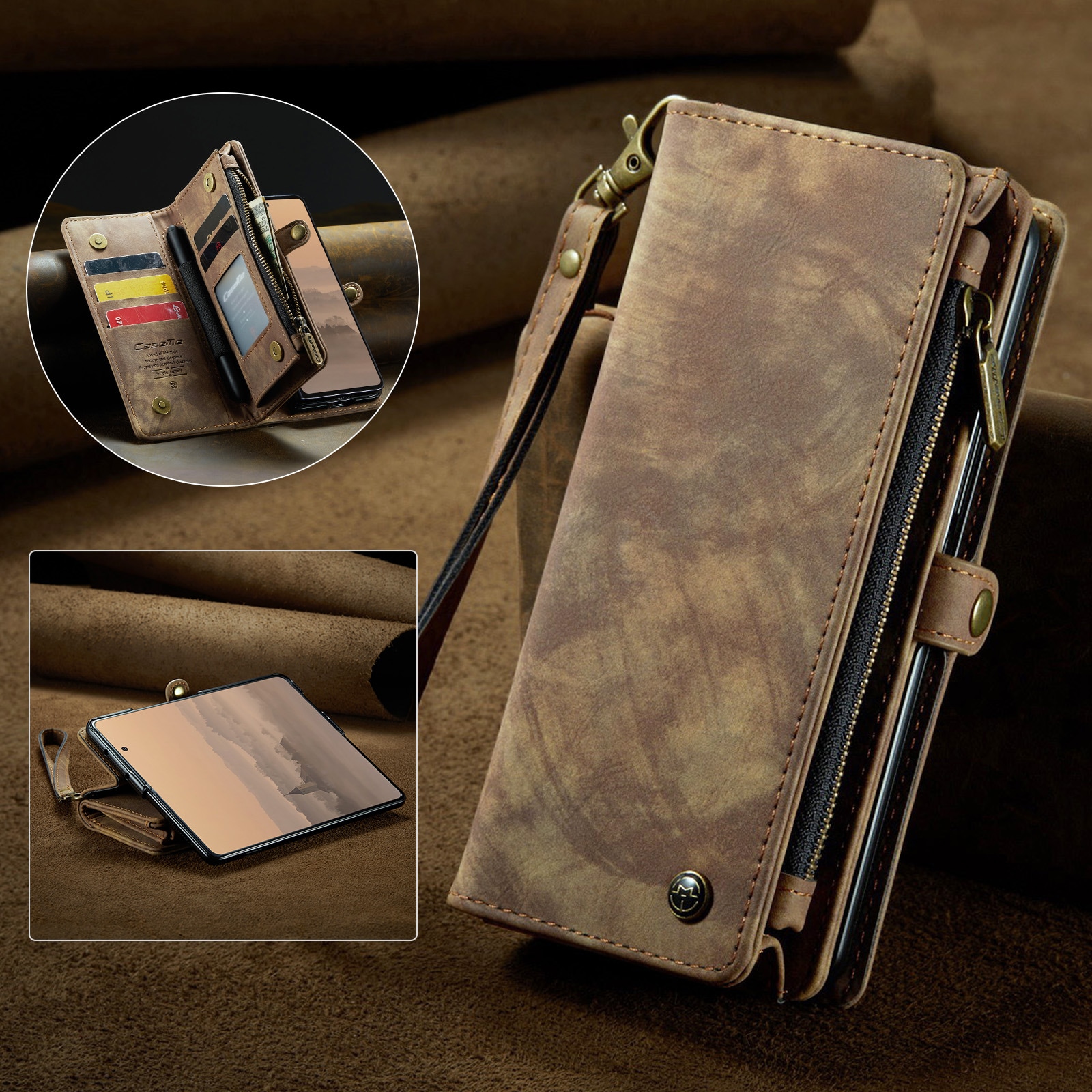 Samsung Galaxy Z Fold 7 Rummeligt pungetui med mange kortholdere, Brun