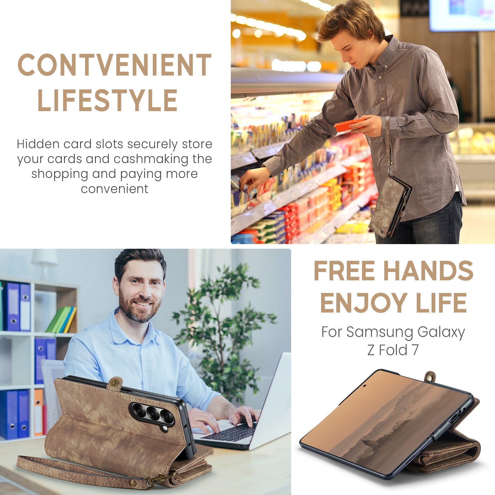 Samsung Galaxy Z Fold 7 Rummeligt pungetui med mange kortholdere, Brun