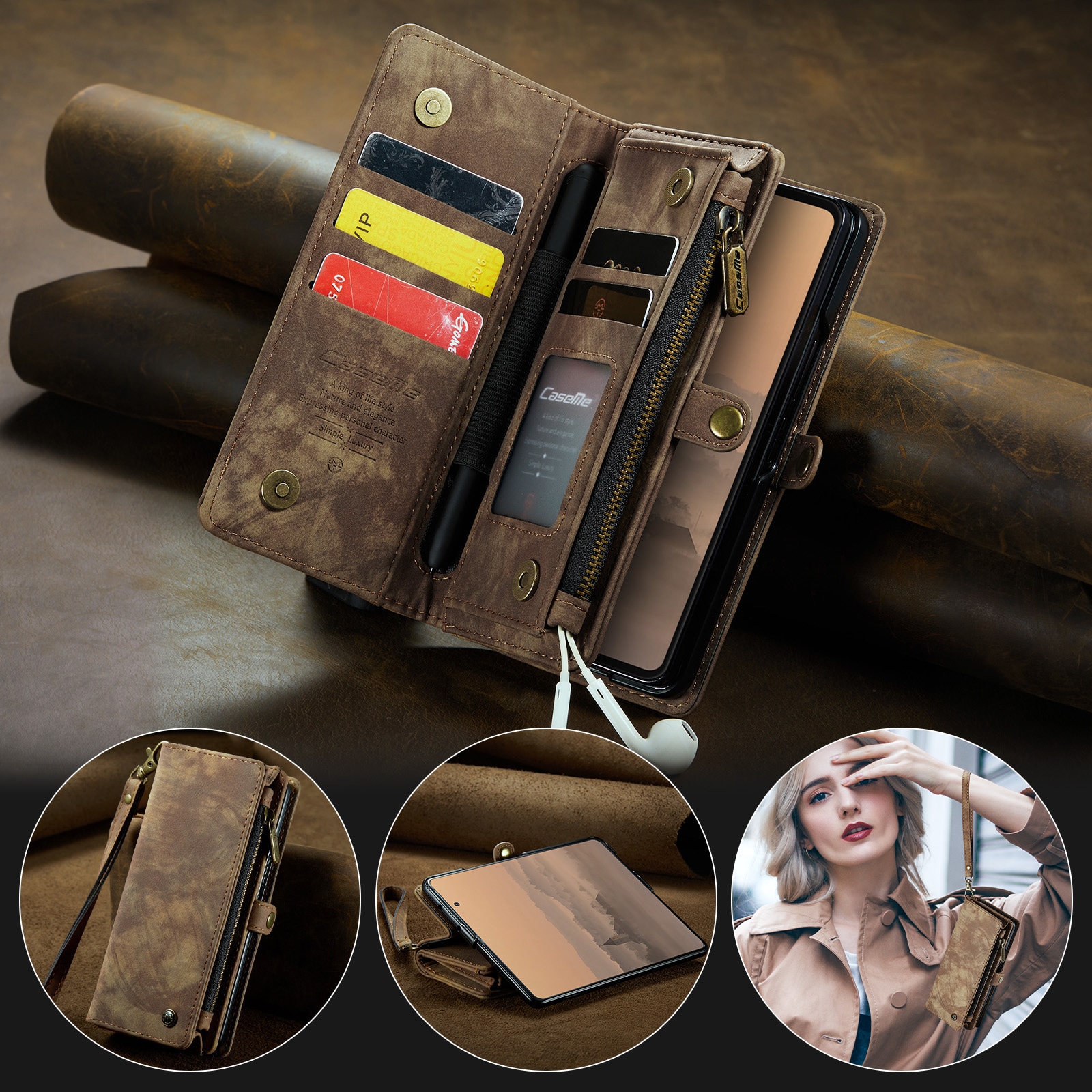 Samsung Galaxy Z Fold 7 Rummeligt pungetui med mange kortholdere, Brun