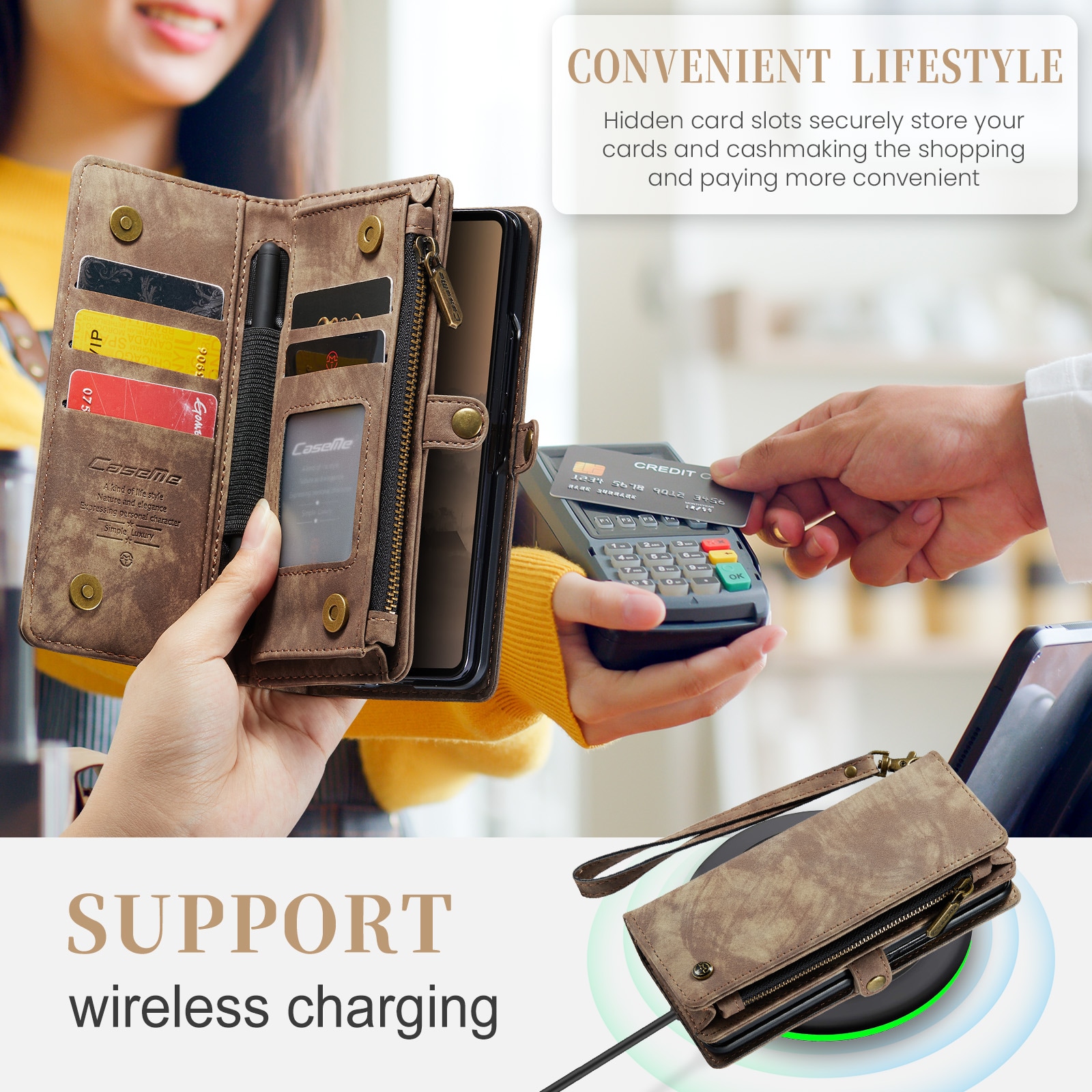 Samsung Galaxy Z Fold 7 Rummeligt pungetui med mange kortholdere, Brun