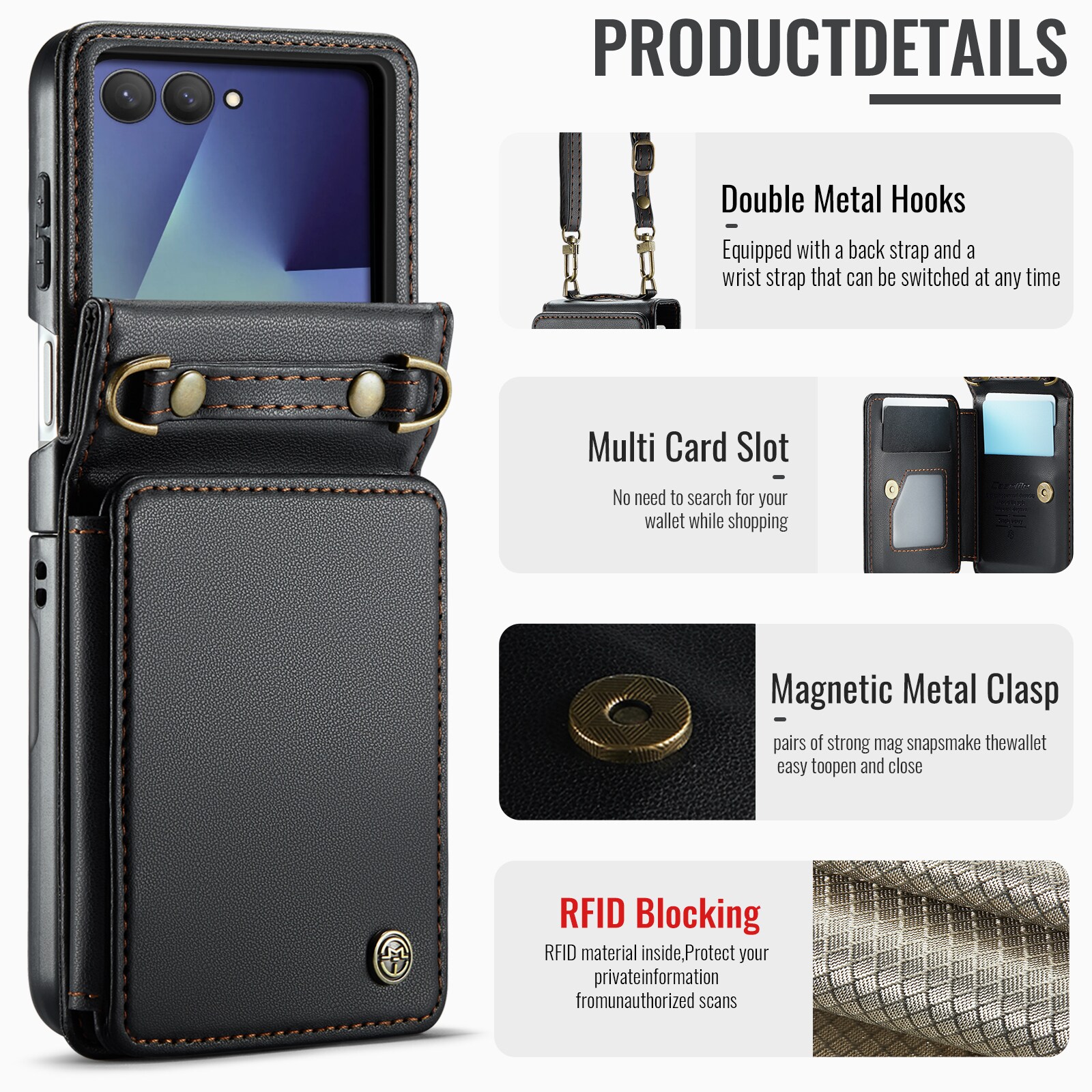 Samsung Galaxy Z Flip 7 Cover med indbygget pung og RFID-beskyttelse Sort